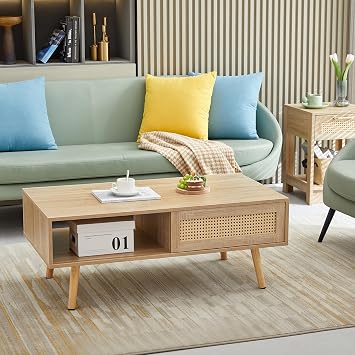 41.34" Rattan Coffee Table TV Console with Sliding Door, Modern Tea Table TV Cabinet Stylish Farmhouse Boho Decor for Living Room Bedroom Office Natural, 1