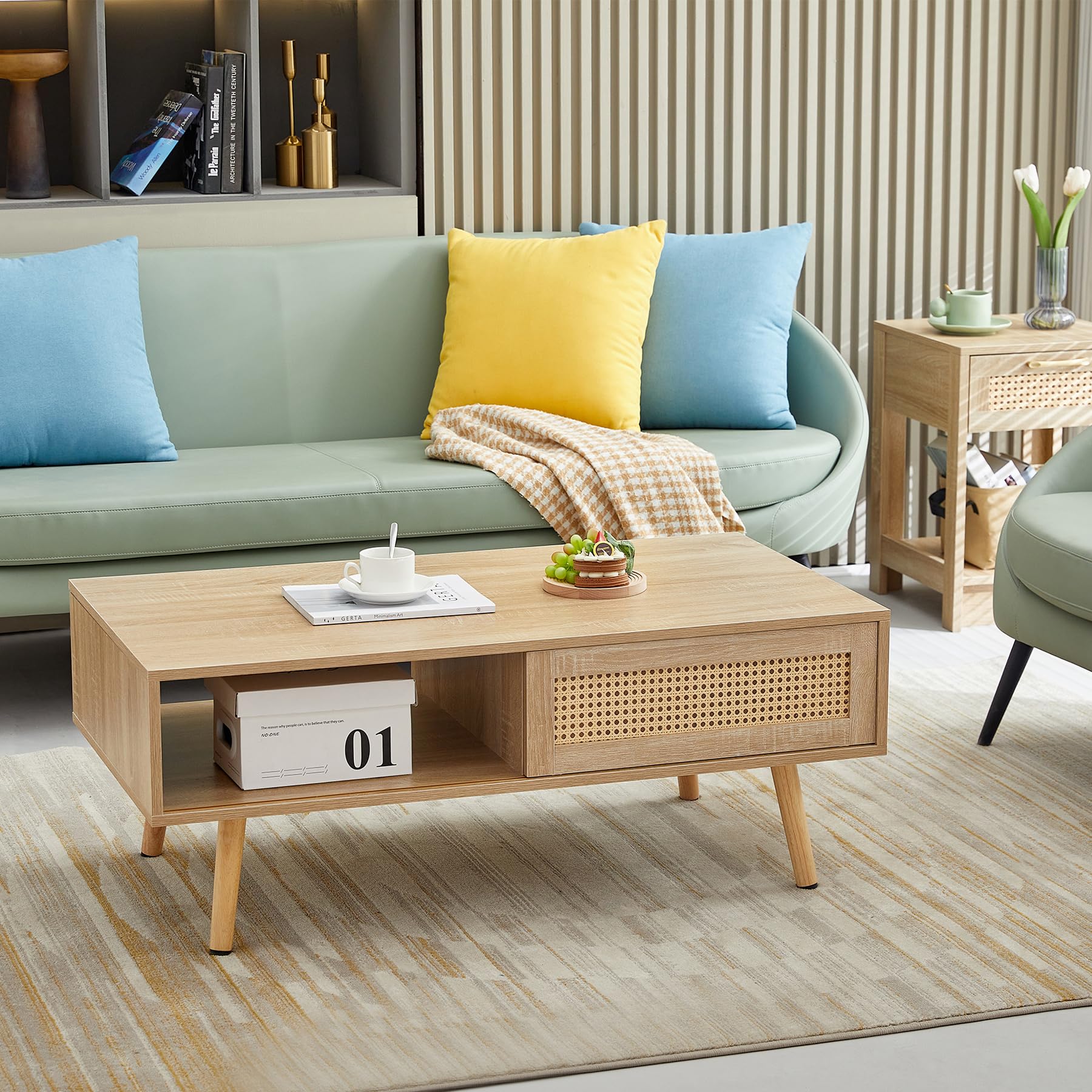 PRINKROOMY 41.34" Rattan Coffee Table TV Console with Sliding Door, Modern Tea Table TV Cabinet Stylish Farmhouse Boho Decor for Living Room Bedroom