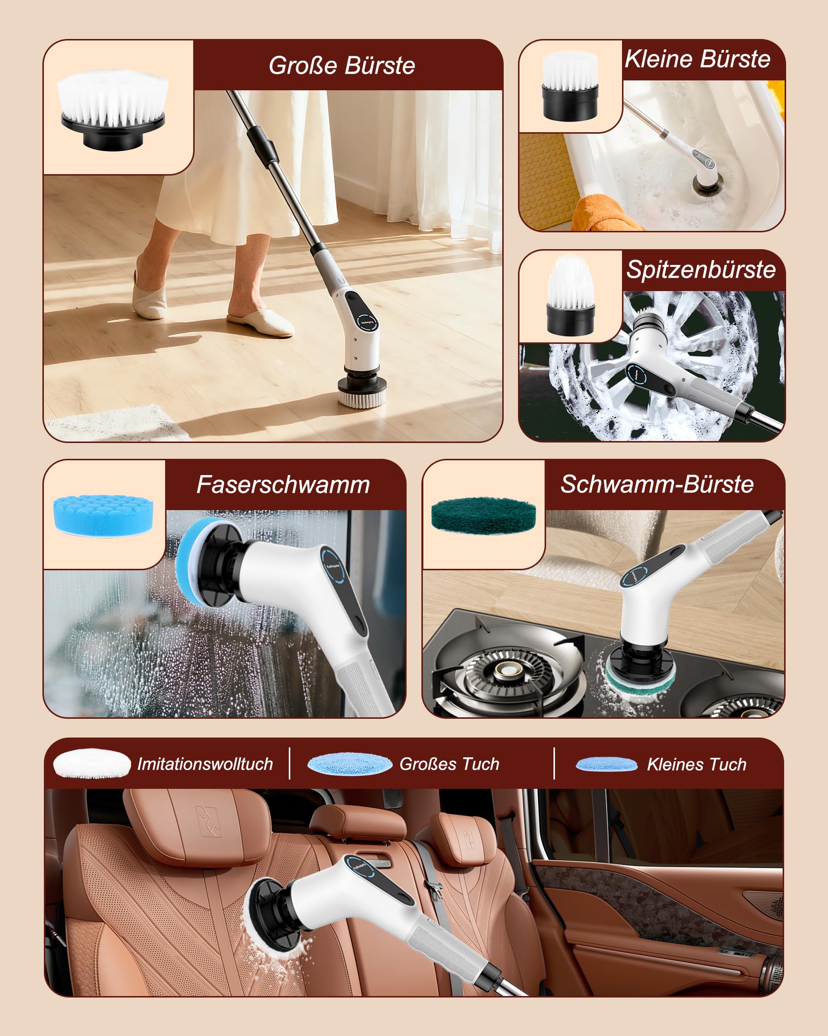 Elektrische Reinigungsbürste, 8 in 1 Electric Cleaning Brush mit austauschbaren Bohrbürstenköpfen, Wanne mopSet, Elektrische Putzbürste mit Verstellbarem Griff für Bad Küche Auto Fußboden
