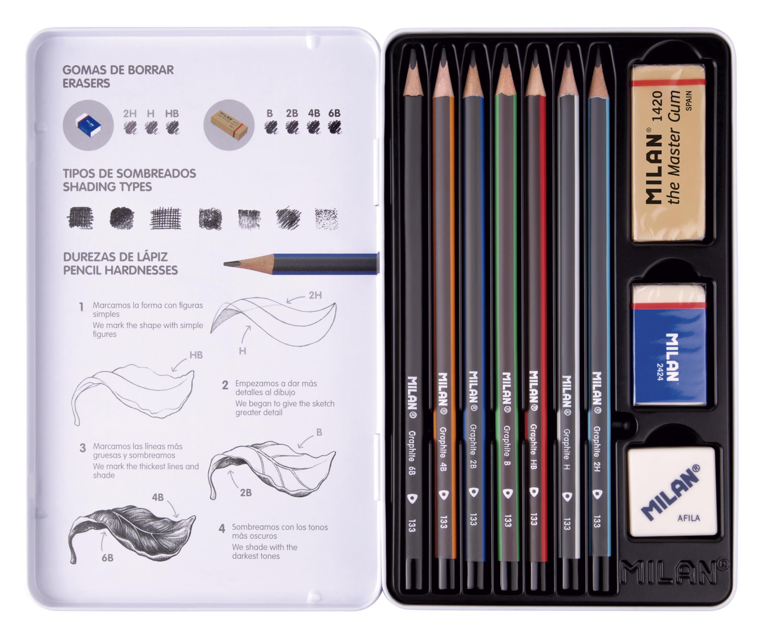 MILAN® Set of 7 graphite pencils (2H, H, HB, B, 2B, 4B, 6B) for