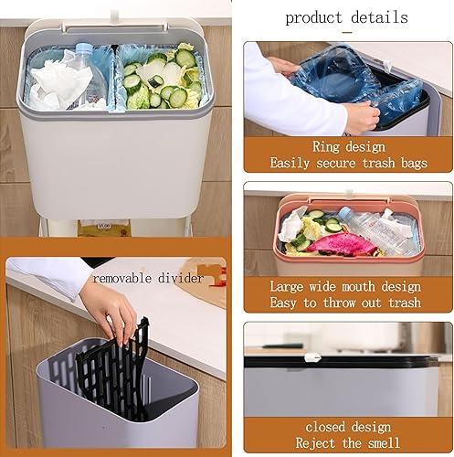 Miniatura 5 de Contenedor de compost para cocina, contenedor de compost para cocina interior, sellado, poleas fijas, botes de basura con tapas y divisores
