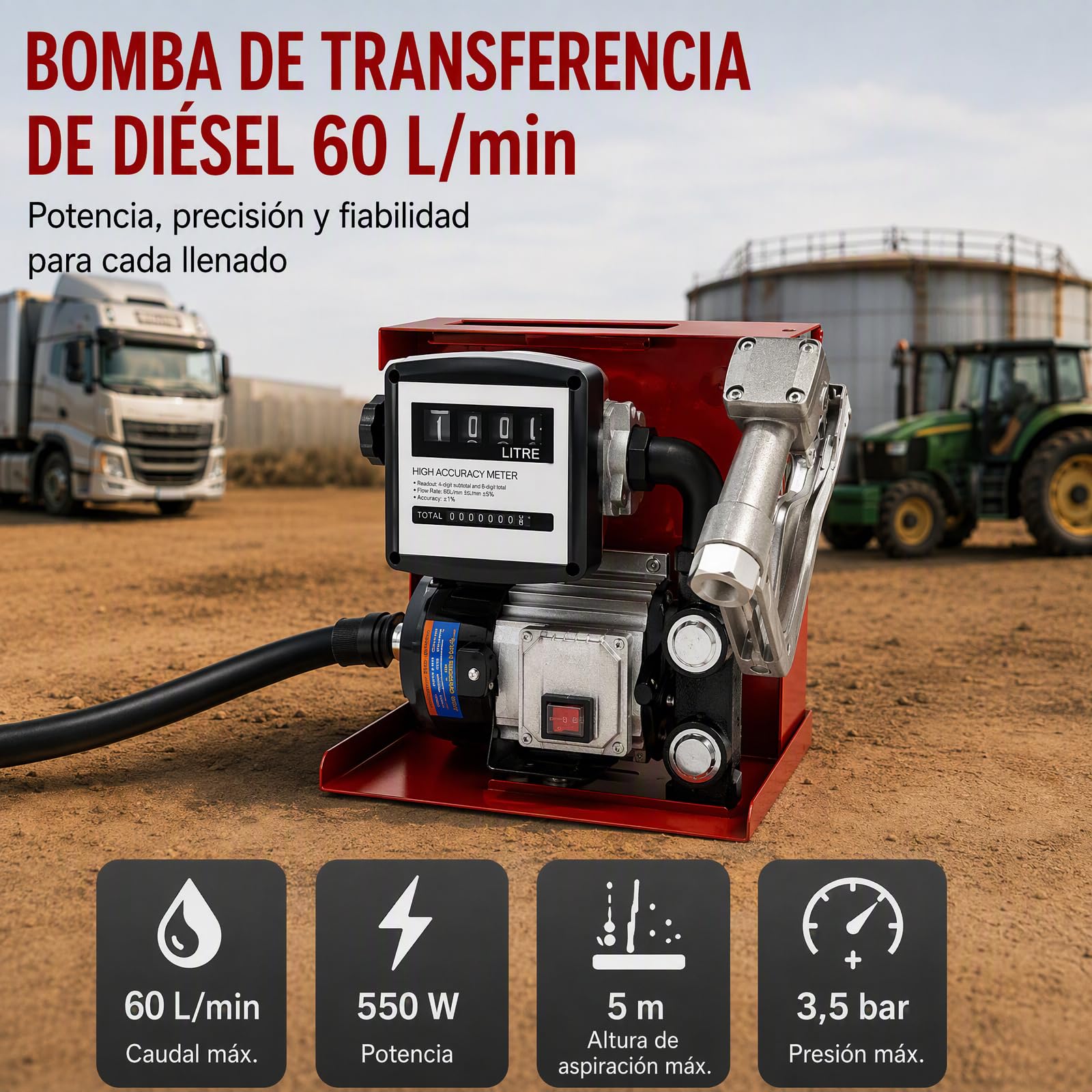 Bomba diesel 230 V autocebante con contador, manguera de 4 m