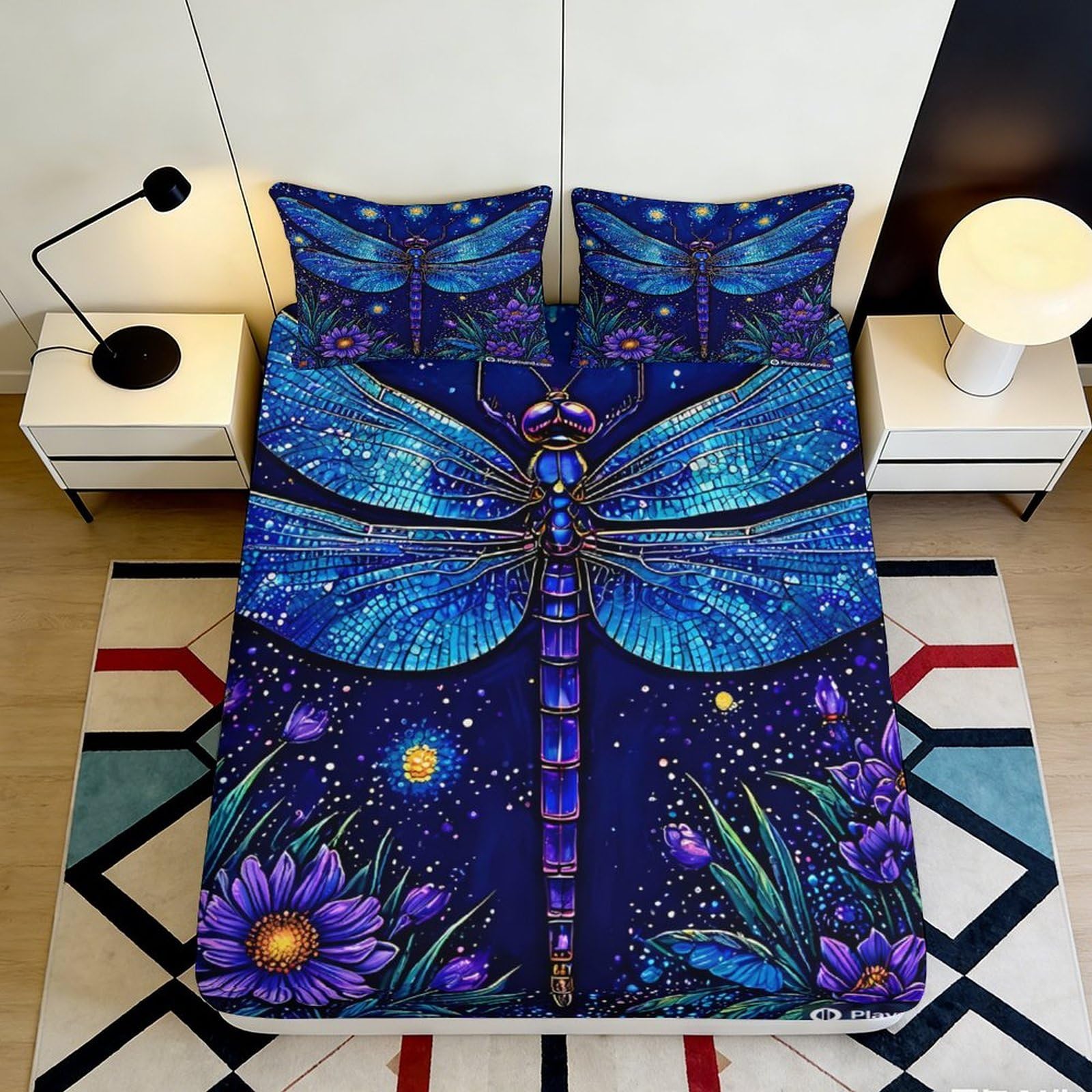3D Printed Dragonfly Fitted Sheet Microfiber Deep Pocket Non-Slip Bedroom Bedding Dragonfly Mattress Fitted Cover Full Wrap Washable for Adults 140x200x25cm