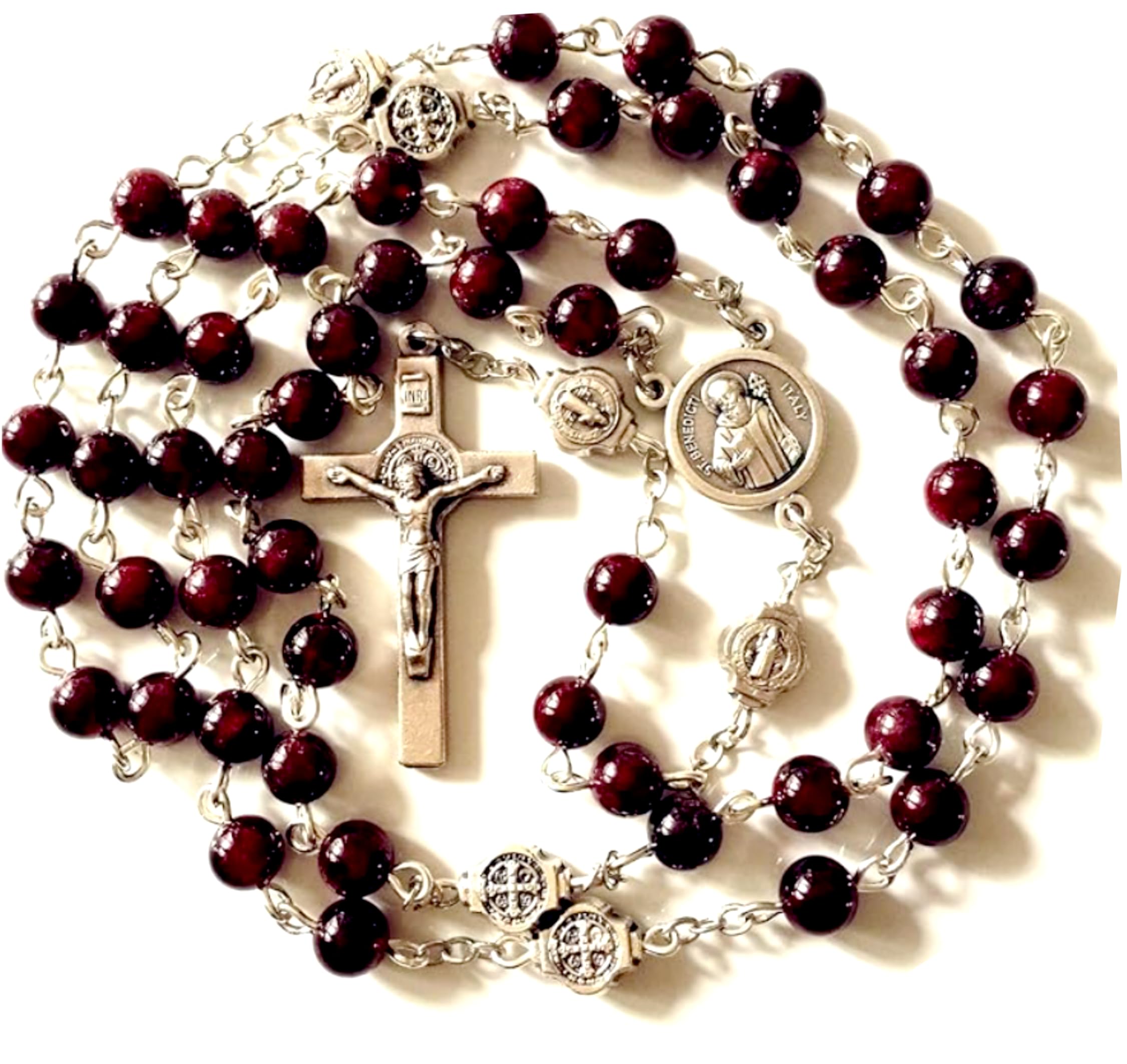 elegantmedical HANDMADE Catholic St. Benedict GARNET GEMSTONE Bead 5 DECADE Rosary Necklace Cross BOX product thumbnail 2