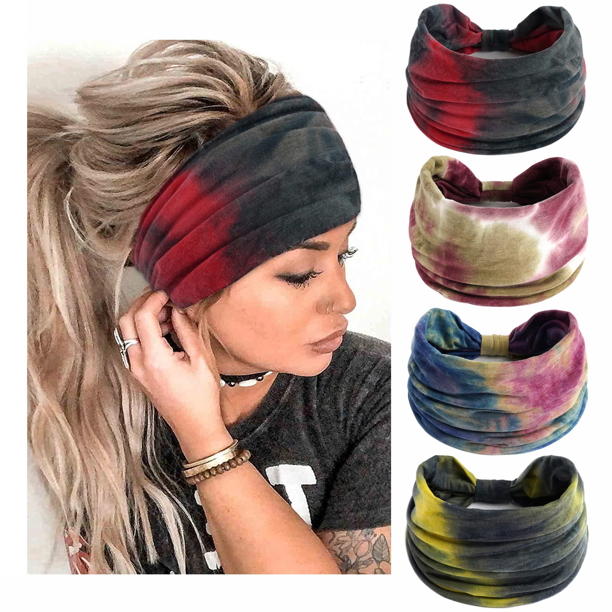 STGDAK Boho Headbands For Women Fashion Stretch Wide Hair Bands Tie Dye Knoted Turban Head Bands Yoga Running Sweatband Elastic Headband Stylish Wrap
