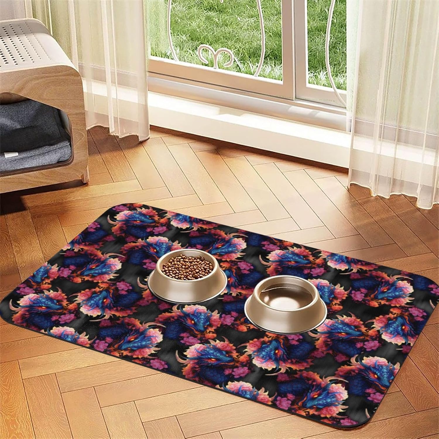 Dragon Flower Dog Food Mat, Leather Pet Feeding Mat, Cat Mat for Food, Absorbent Pet Placemat for Indoor Outdoor Water Bowl 40x60cm