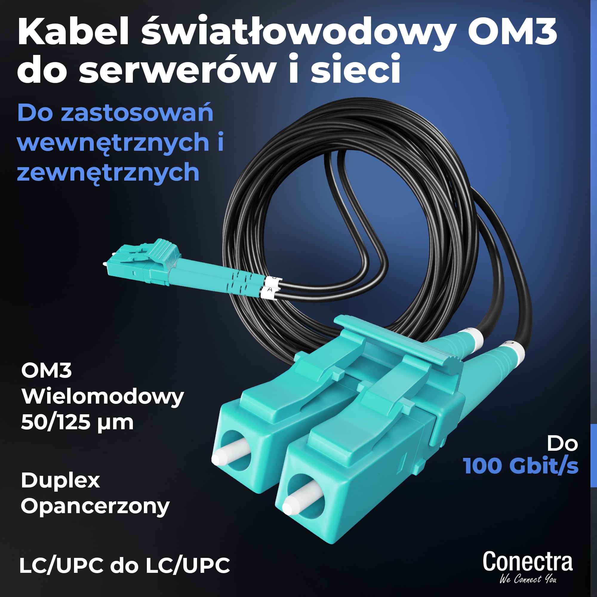 40m Pancerny Kabel Światłowodowy OM3 Duplex Breakout LC/UPC, Patchcord Wielomodowy 50/125, LSZH Wewnętrzny/Zewnętrzny, Przedłużacz Światłowodowy Wzmocniony Patch Sieć ⌀3mm Czarny