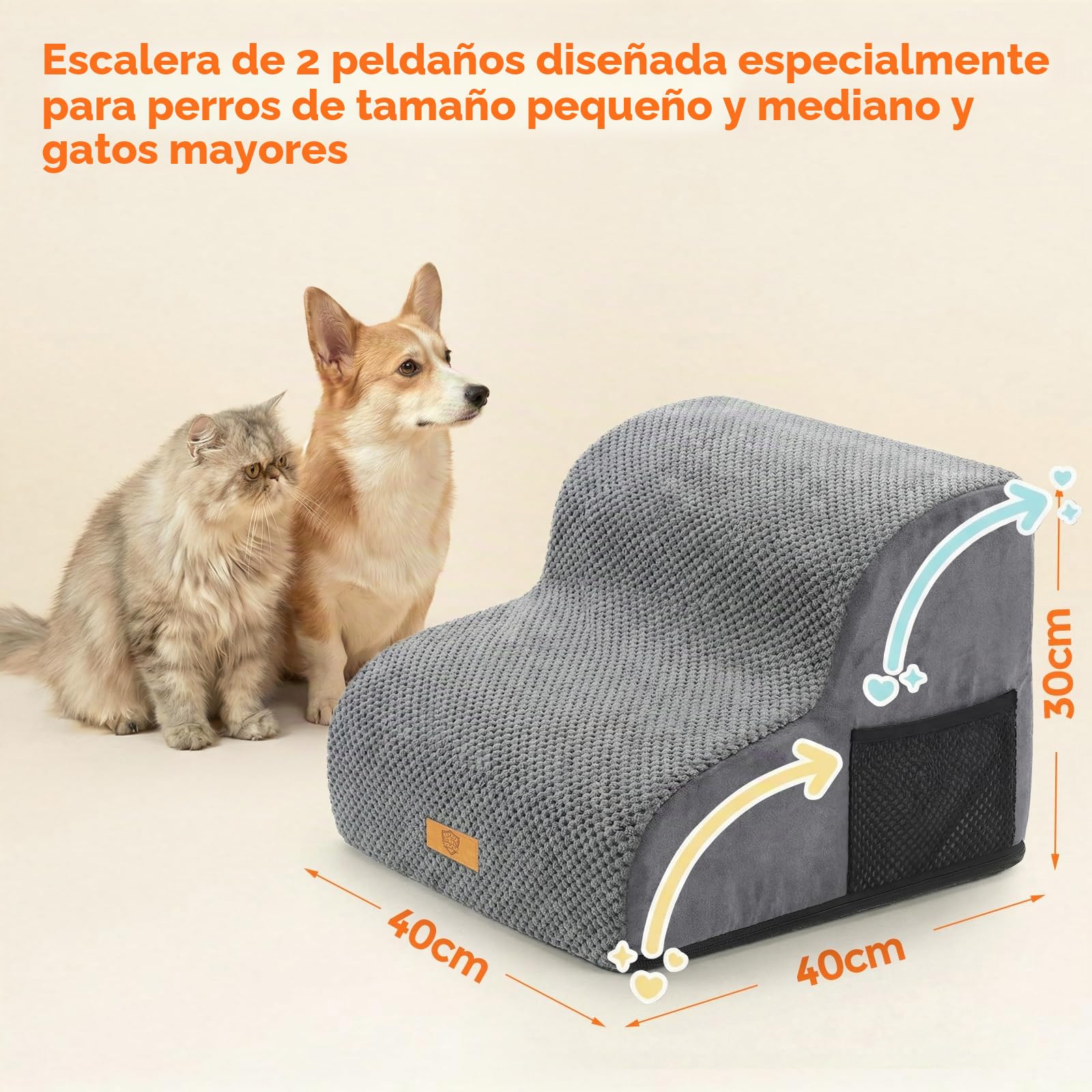 Masthome Escaleras para Perros de 2 Peldaños, Rampa para Perros de Espuma de Alta Densidad, Escalera Mascotas con Cubierta de Felpa Extraíble y Lavable, para Mayores, Gatos y Perro Mediano