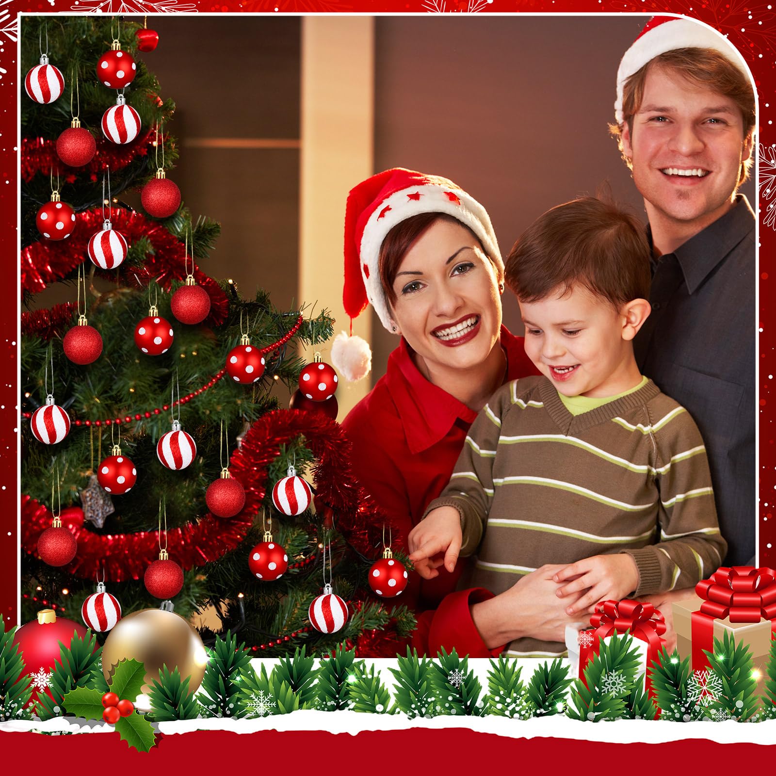Lenwen 54 Stück Weihnachtskugeln Ornamente Mini rot und weiß Weihnachtsbaum Ornamente Xmas gestreifte Punkte bruchsicher Kunststoff hängende Ornamente für Baum, Urlaub, Party, Weihnachtsdekoration, 3