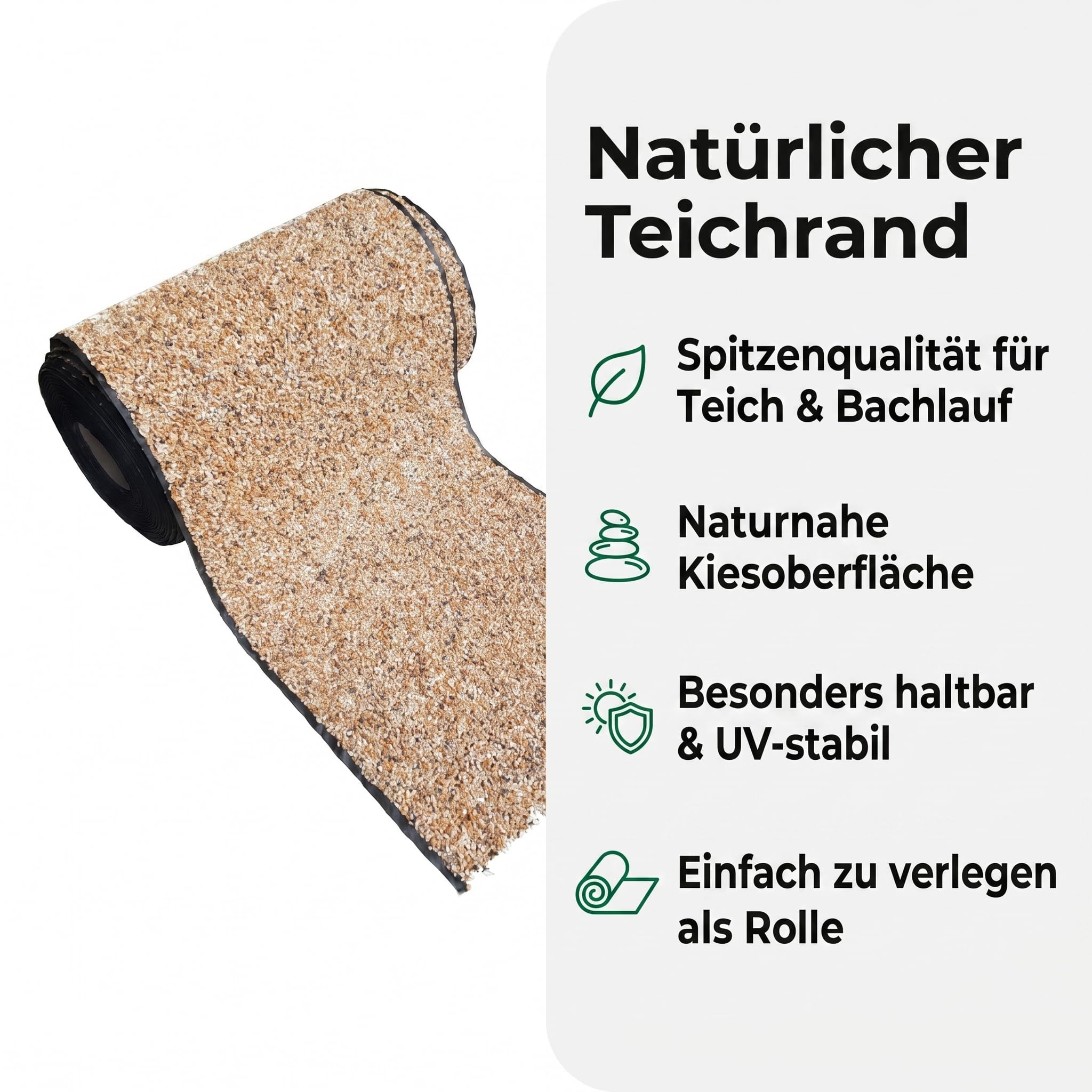 Pondlife Steinfolie für Teichrand und Bachlauf, 60 cm Breite x 3 m Länge, kiesbeschichtete Ufermatte für Teich, UV-stabil, fisch- und pflanzenverträglich, 0,5 cm Stärke