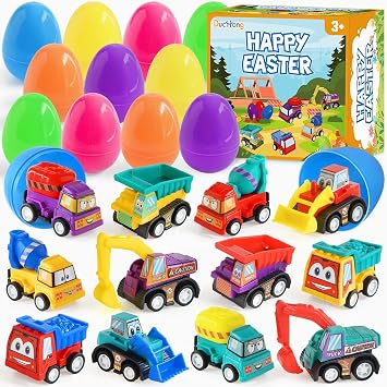 Duchong Prefilled Easter Eggs with Cars Toys,12 Packs 2.8 Plastic Eggs with Pull-Back Construction Vehicles, Surprise Toys for Easter Hunt, Basket Stuffers Filler