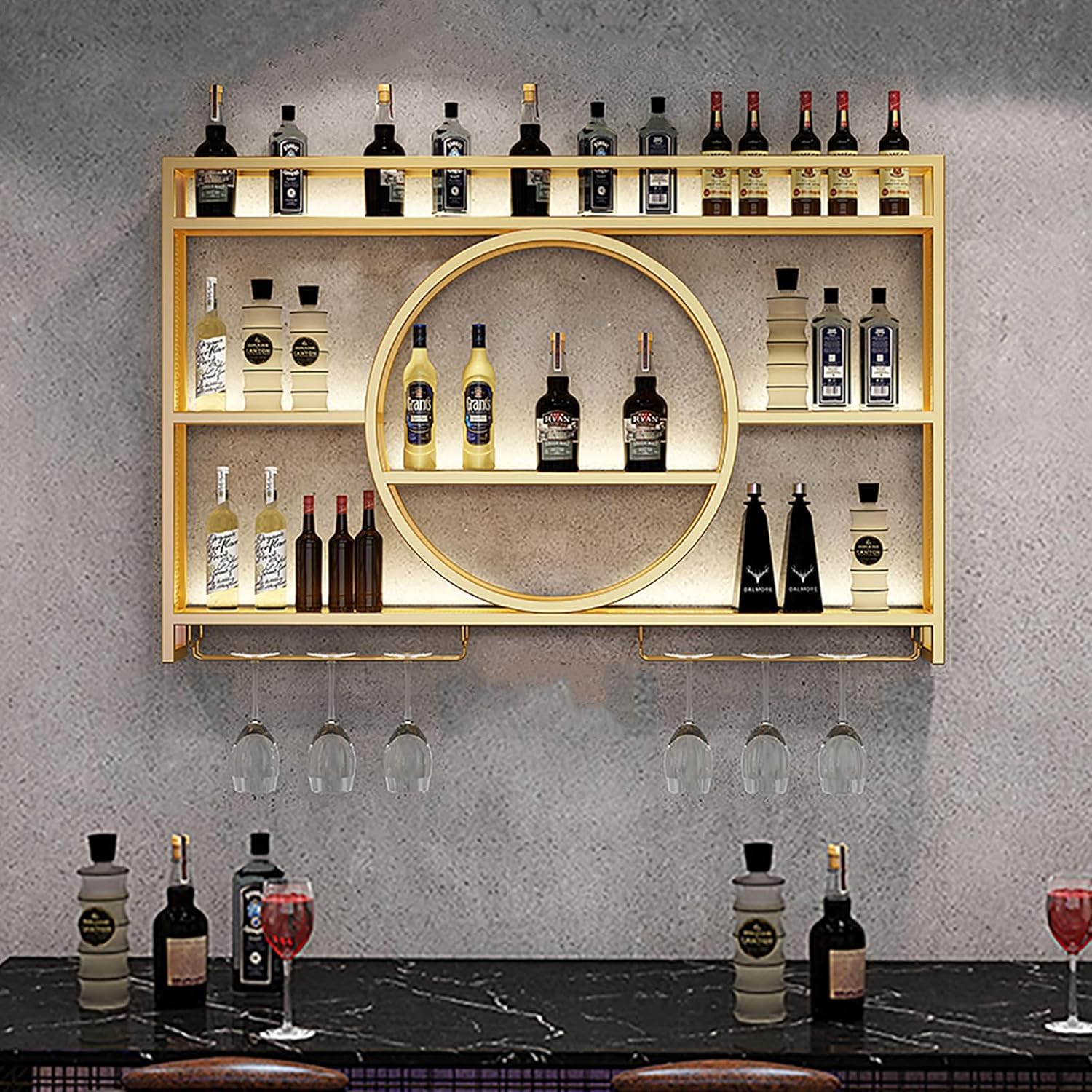 Wine Rack Wall Mounted With LED Light ＆ Wine Glass Holder,Iron Bar Liquor Shelf,Floating Wall Wine Shelves,Liquor Bottle Display Shelf,Wine Glass Storage Racks,For Kitchen Wine Cellar,Gold/Black