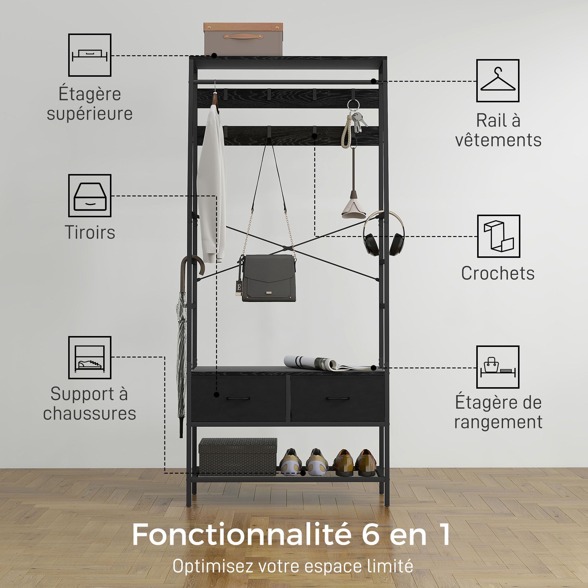 HOMCOM Porte-manteau Vestiaire 2 Tiroirs en Tissu 80 x 30 x 180,5 cm Noir