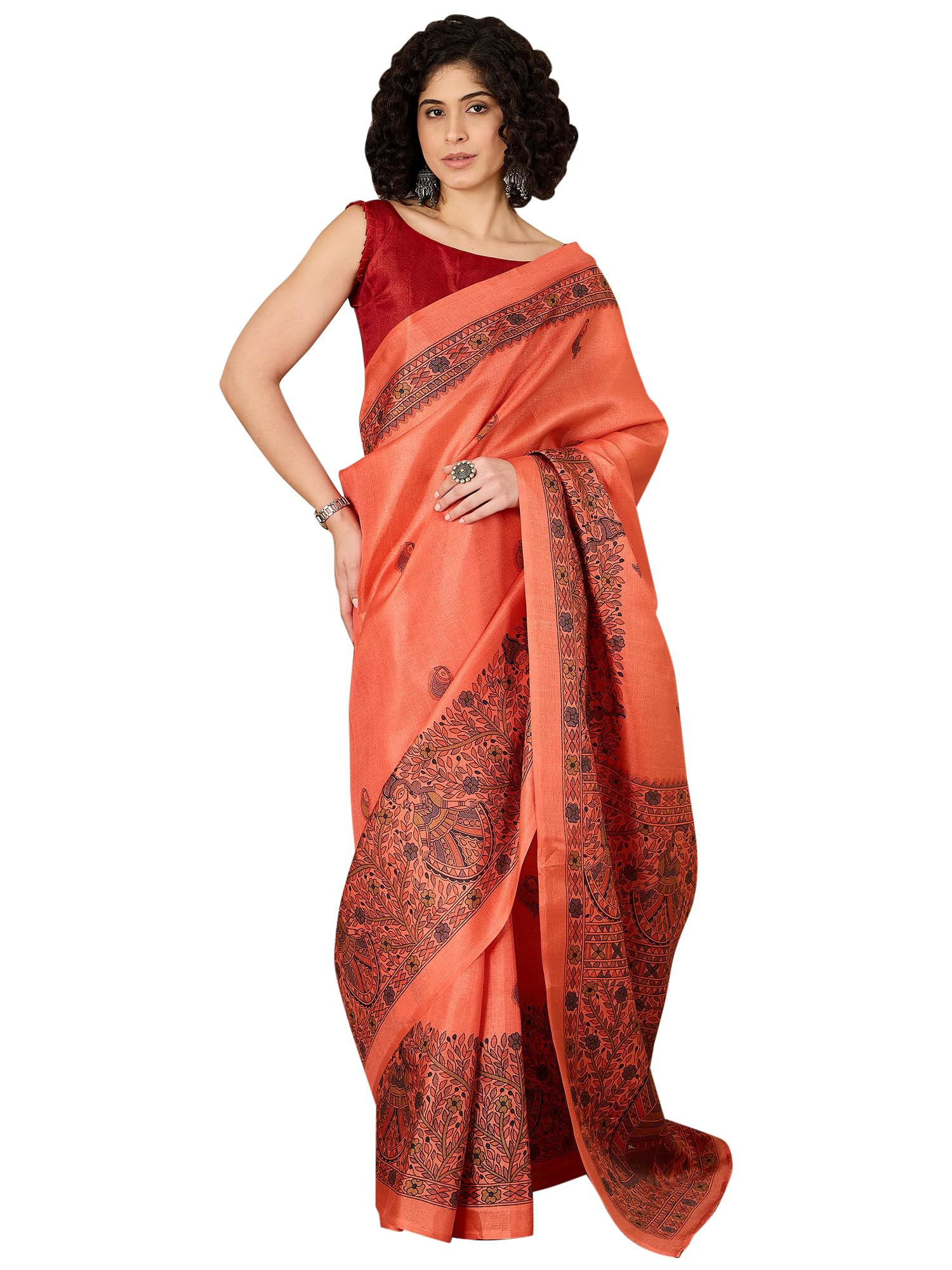 SAREE MALLWomen's Cotton Silk Madhubani Printed Ready To Wear one Minute Saree With Unstitched Blouse Piece