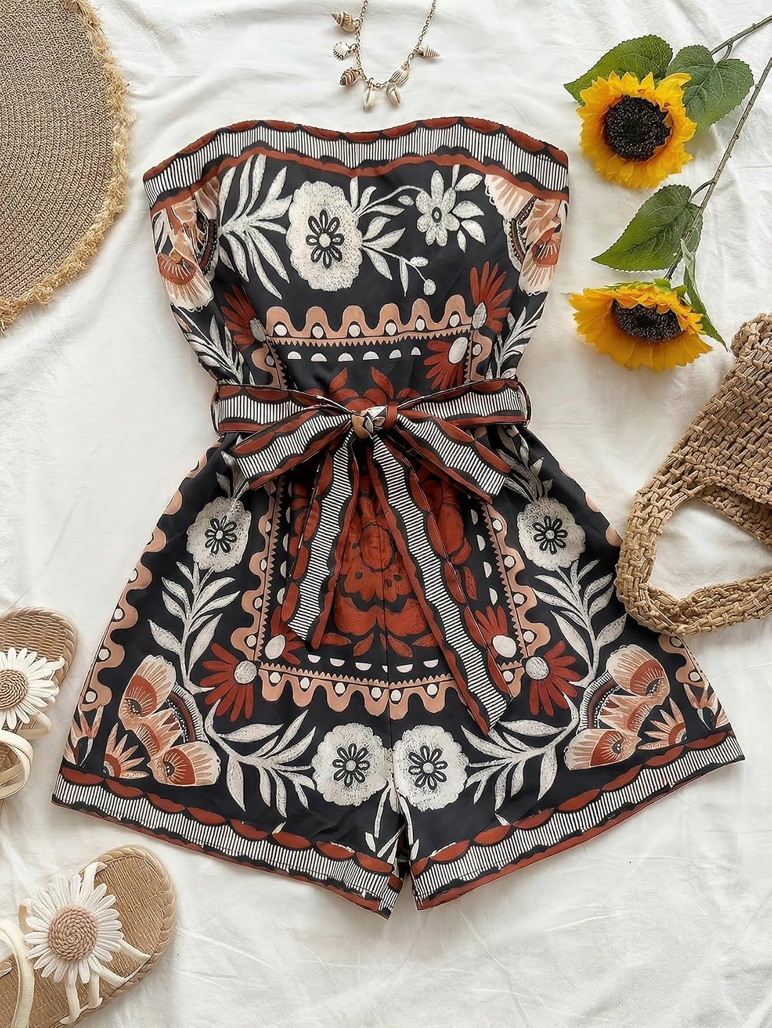 SweatyRocks Women's Boho Floral Print Strapless Romper Sleeveless Belted Shorts Jumpsuit Beach Vacation Outfits