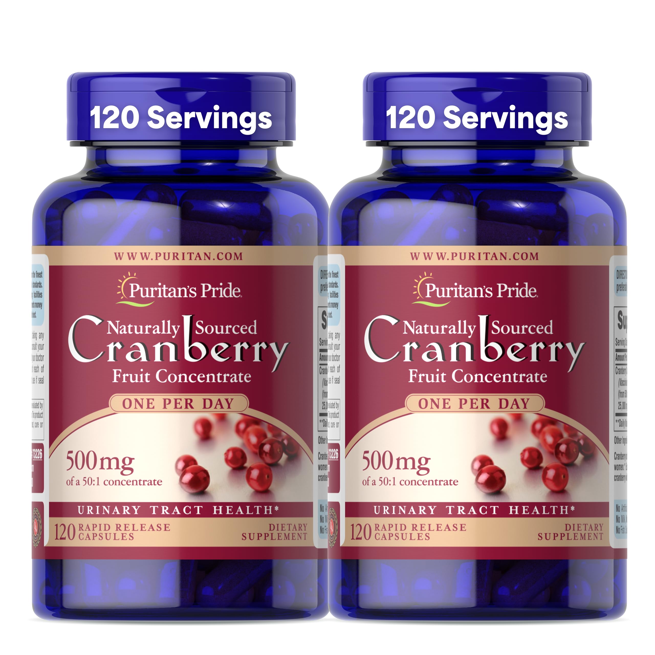 Naturally Sourced Cranberry One Per Day Fruit Concentrate 500mg, 50:1 Dietary Supplement for Urinary Tract Support, 4 Month Supply, 120 Rapid Release Capsules, 2 Pack