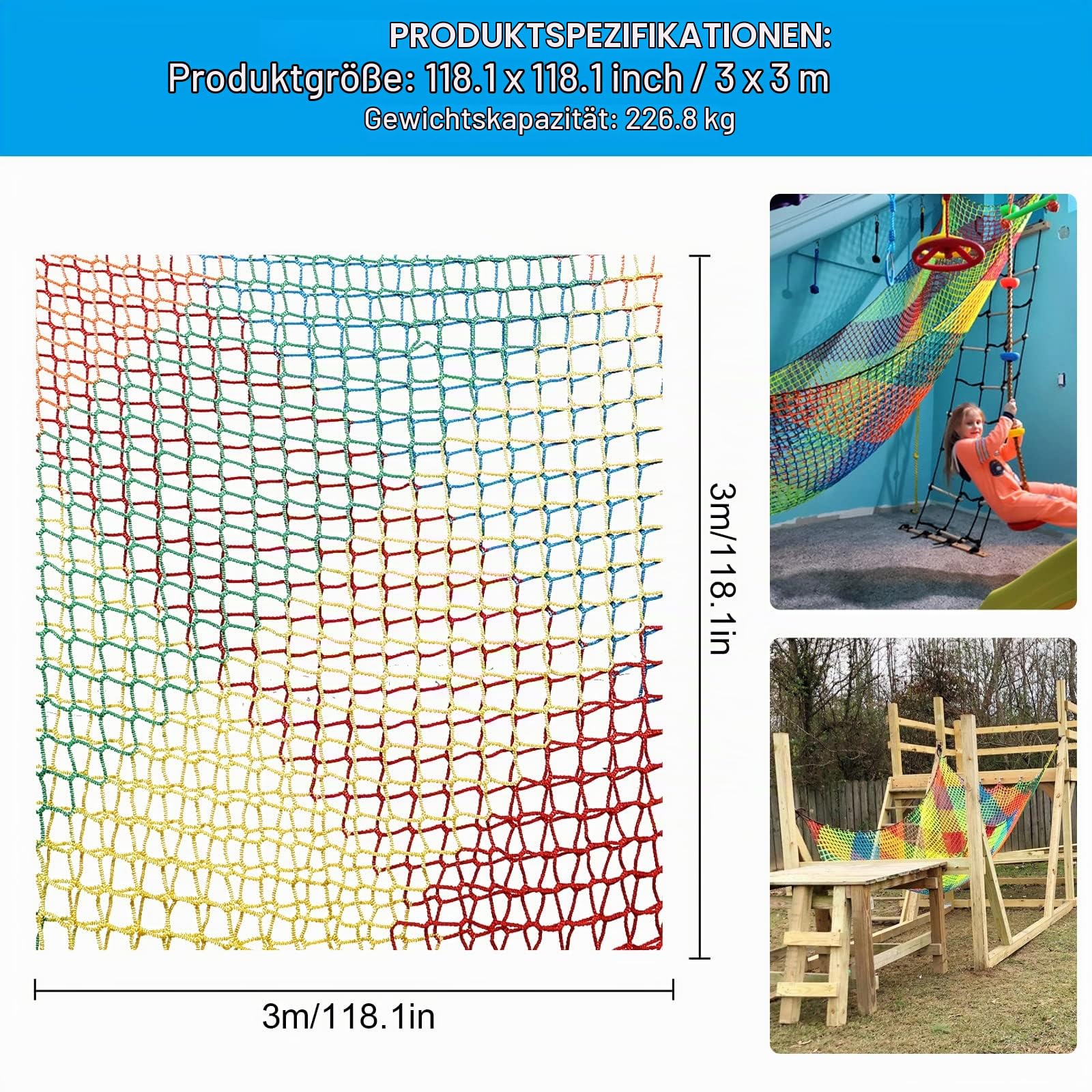 Kletternetz Spielplatz, Doppeltschichten ​Kinder Sicherheitsnetz Klettergerüst Netz Kinder Garten, 3x3M Absturzsicherungsnetz für Spielplatznetz Regenbogenfarben (3 x 3m)
