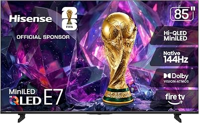 Hisense 85" E7 Cinema Series Hi-QLED Mini-LED 4K UHD Smart Fire TV (85E7SF, 2026 NEW) - Native 144Hz, AI Picture, Dolby Vision IQ · Atmos, FALD, HDR10+ Adaptive, MEMC, Alexa+