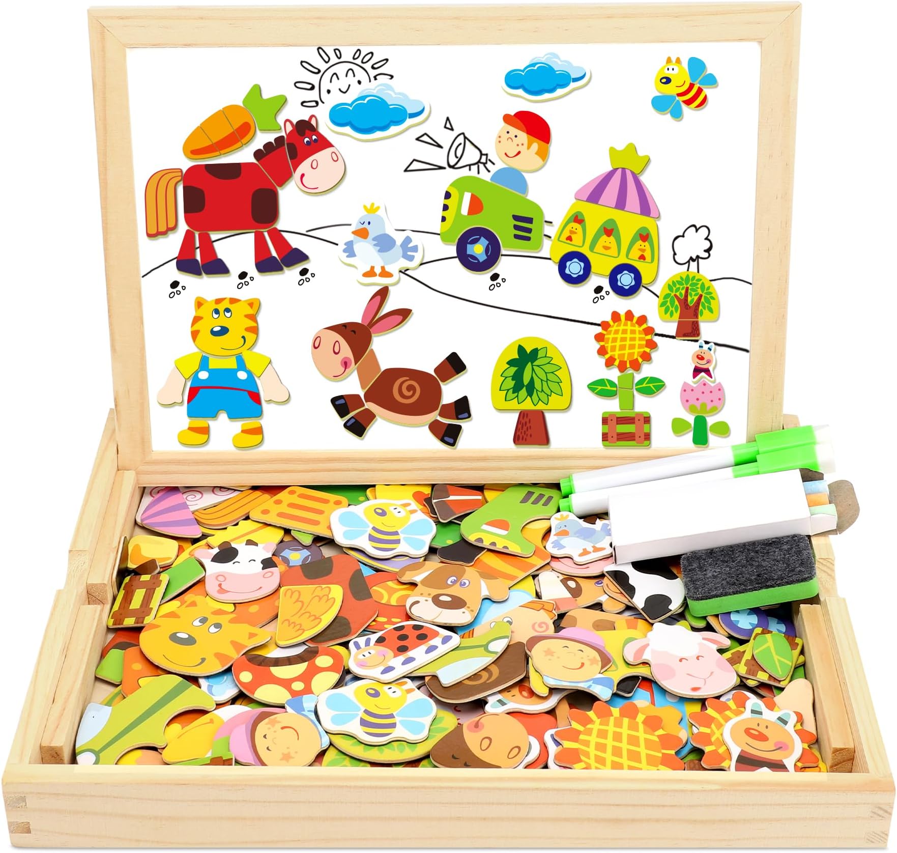 COOLJOY Wooden Magnetic Puzzle Jigsaw, Farm Animals Boards for Children, Double Sided Wooden Jigsaw, 100+ PCS Educational Drawing Blackboard Wood Toys For Kids Boys Girls 3 4 5 Years Old