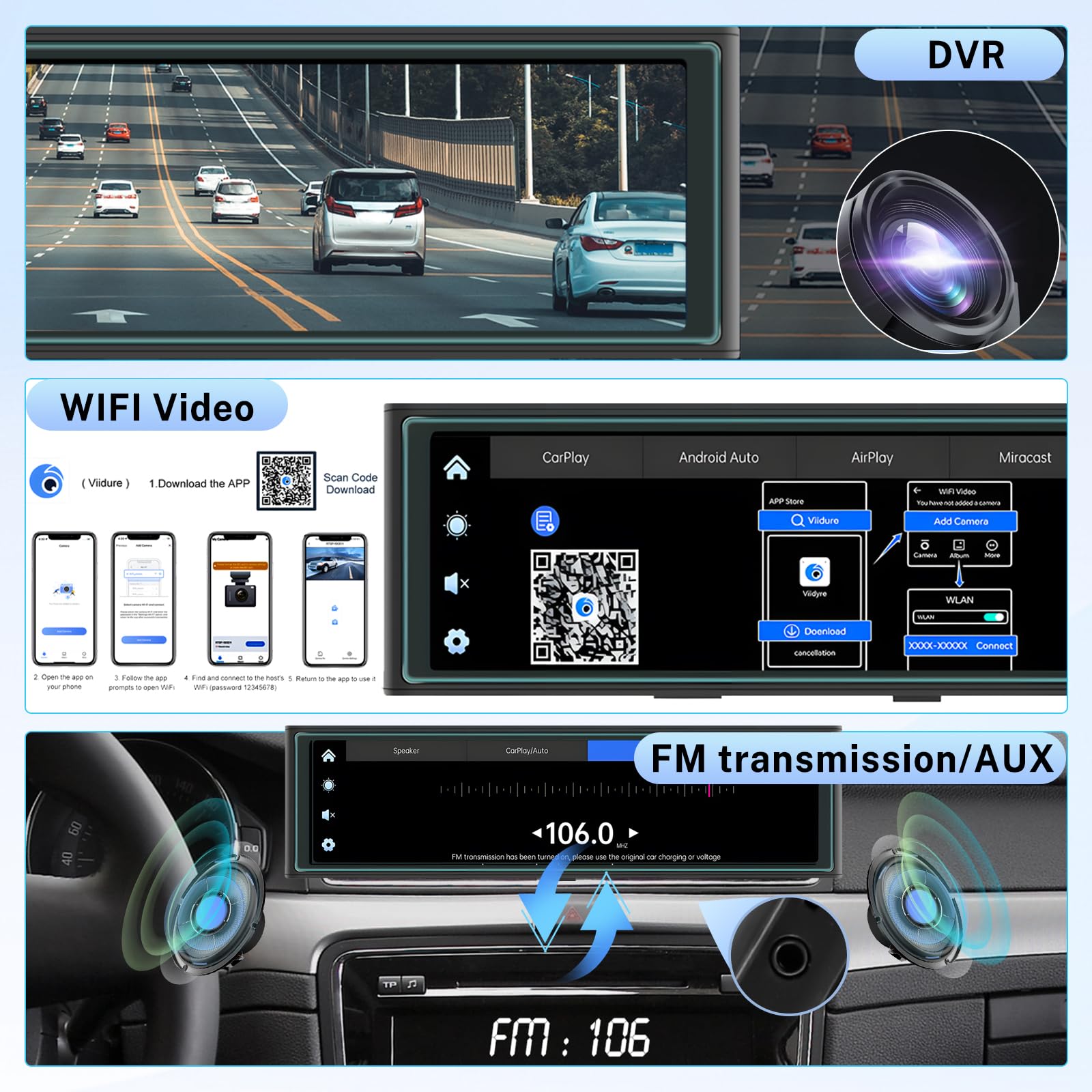 Hodozzy 4K Espejo Retrovisor Coche Dash CAM Inalámbrico Carplay Android Auto,Cámaras Visión Frontal y Trasera 1080P,Pantalla Táctil IPS de 10,99 Pulgadas con Grabación en Bucle/Airplay/AUX/FM