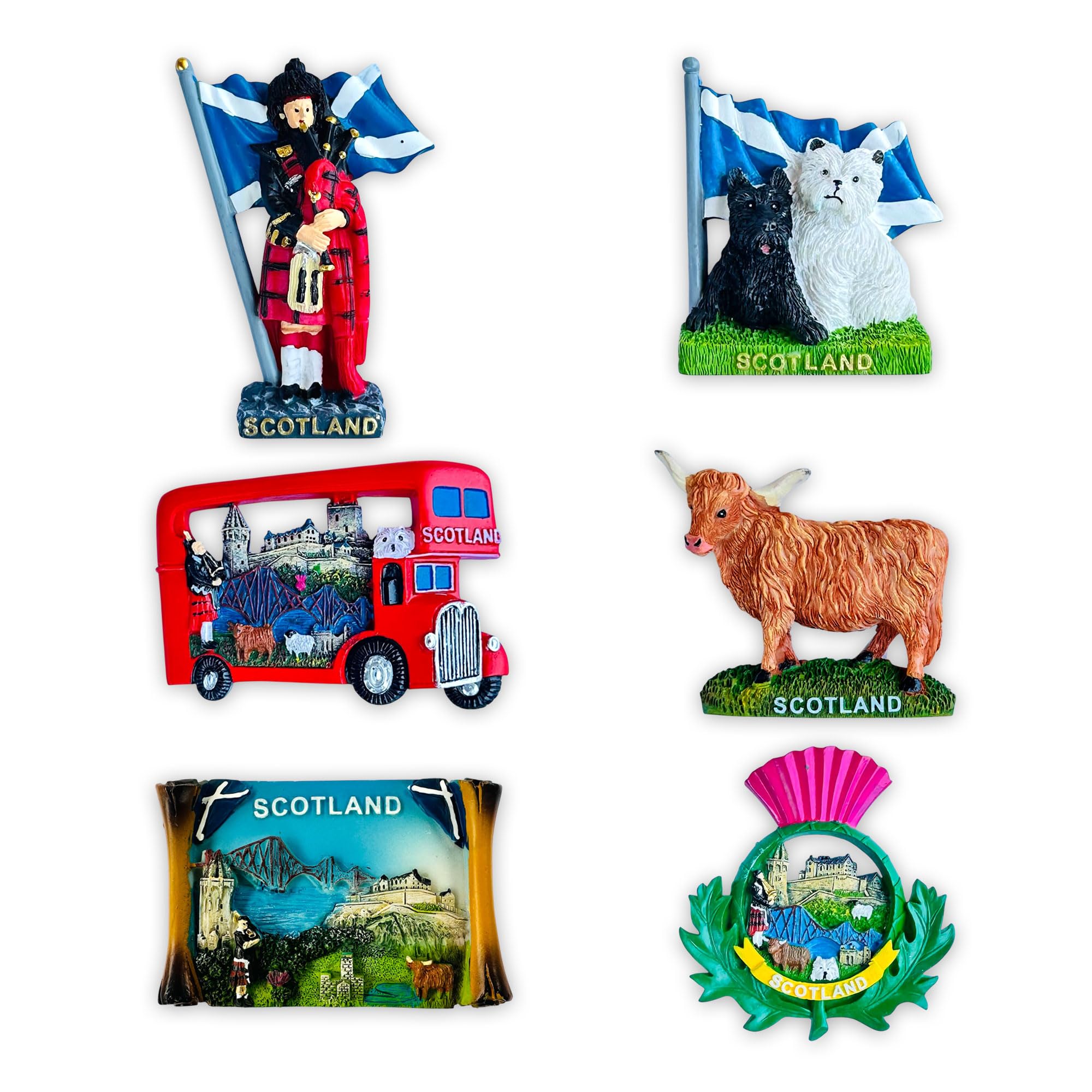 Lilaj Multicolor Scottish Fridge Magnets Resin Souvenirs Featuring Edinburgh Castle, Saltire Flag, Thistle, Bagpiper, Highland Cow (Heilan’ Coo), Scottie & Westie Dogs – Scotland Gift Set - 6