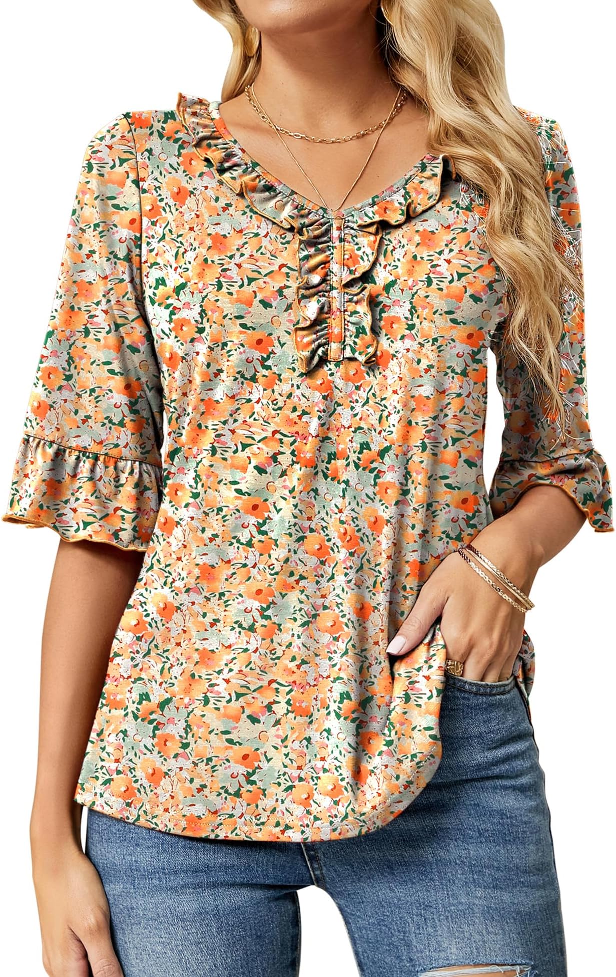 Ivicoer Women's Casual V Neck T Shirts Loose Summer Fall 3/4 Bell Sleeve Tops Ruffle Tunic Blouses