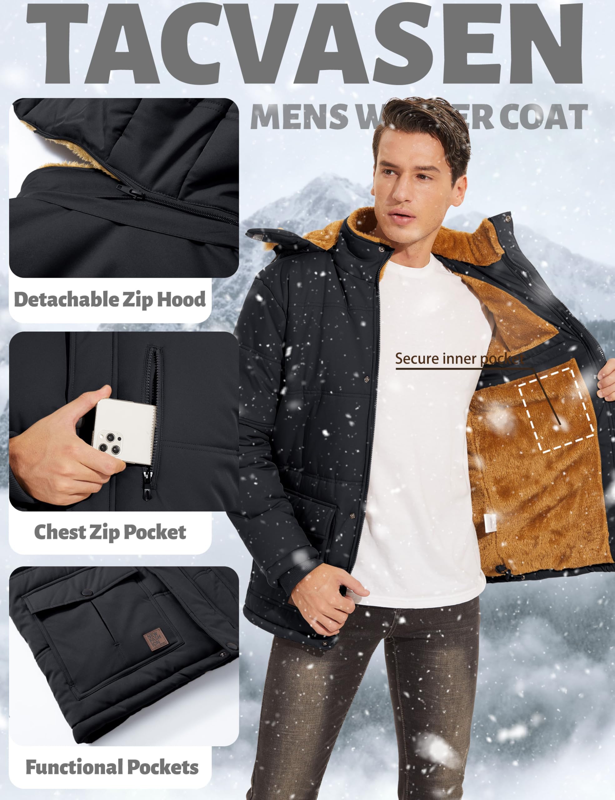 TACVASEN Herren Winterjacke Wasserabweisende Winddicht Jacke Gefüttert Warme Steppjacke mit Abnehmbarer Kapuze