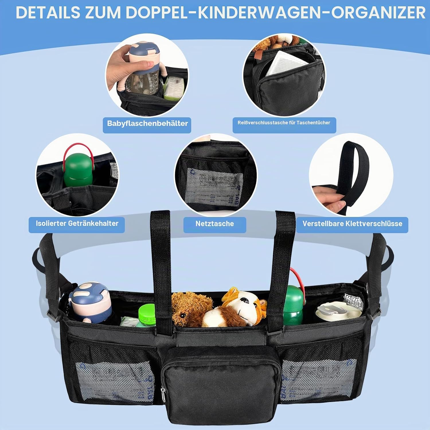 Porte-gobelet double pour poussette - Organiseur étanche spacieux avec 3 compartiments - Organiseur pour poussette de bébé - Pour voyage, usage quotidien, bébé, parents (2)