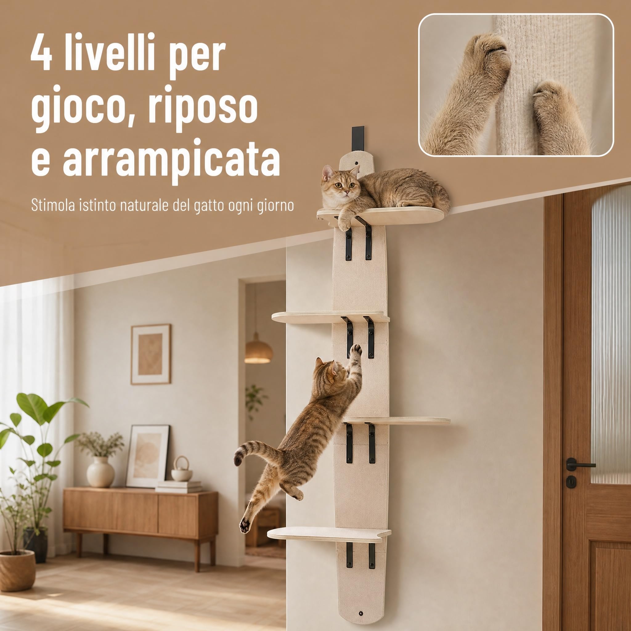 Mensole Da Parete Per Gatti A 4 Livelli, Versatile Tiragraffi A Torre Per Porta, Legno Massello, Montata Fino A 25 Kg, Gradini Per Arrampicare, Graffiare, Giocare