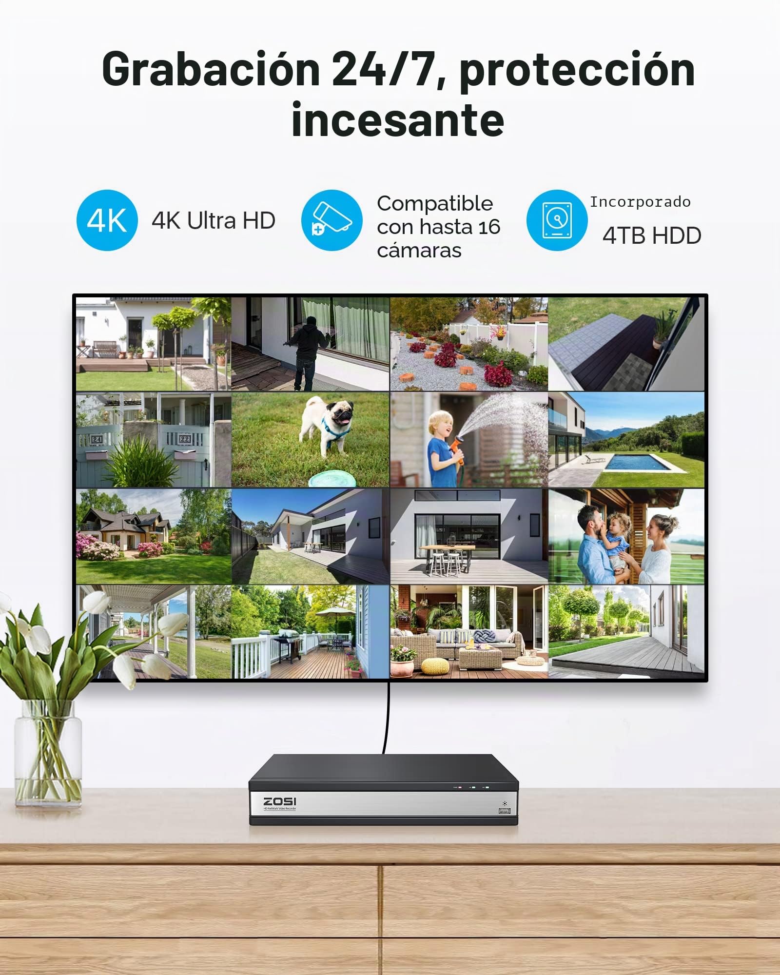 ZOSI 16CH 4K Grabador NVR PoE, Funciona Solo con ZOSI Cámara IP PoE de 2MP/3MP/4MP/5MP/8MP 4K, Disco Duro de 4TB para Grabación 24/7
