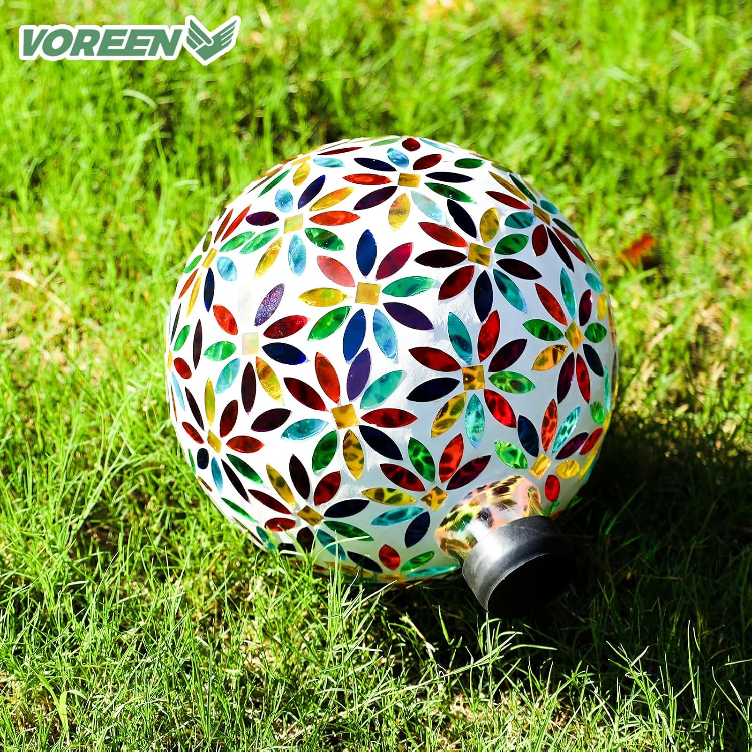 VOREEN Mosaic Glass Gazing Ball, Handmade Reflective Garden Globe for Outdoor Patio Lawn Yard Decor, 10" Multi-Colored Flower Pattern, Festive Decoration for Holiday Atmosphere