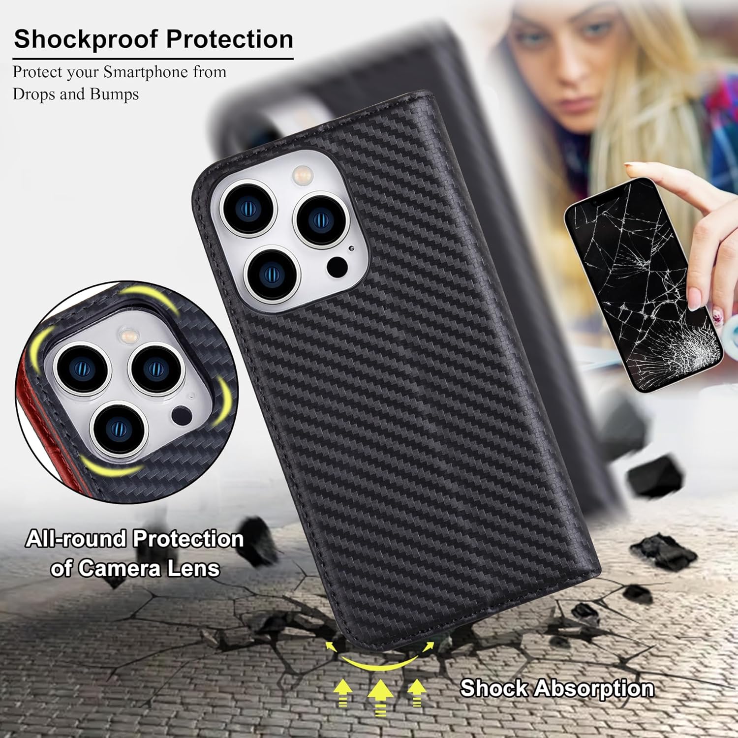 VISOUL Case for iPhone 16 Pro Max Wallet Case, Carbon Fiber Leather Wallet Phone Case with Card Holder Kickstand Flip Folio Cover Compatible with iPhone 16 Pro Max 6.9" (Black+Red) - Image 5