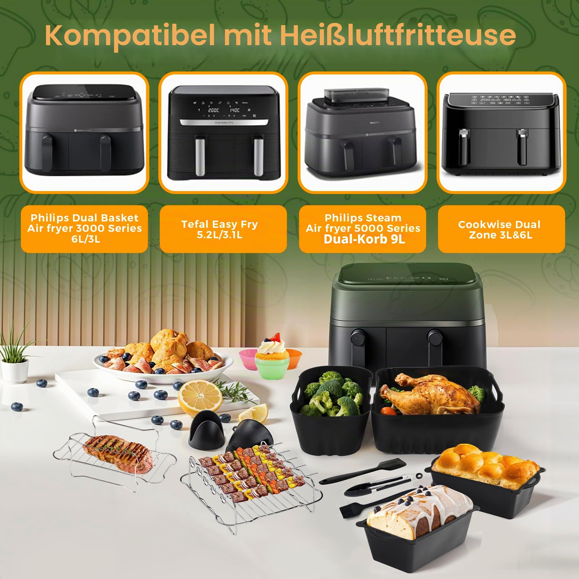Pietuley 28 Stück Silikonform Heißluftfritteuse Zubehör für Philips Dual Basket Airfryer 3000-serie 6L/3L,Airfryer Silikonform Zubehör für Philips Airfryer 3000-5000 serie 9L,Philips Airfryer Zubehör