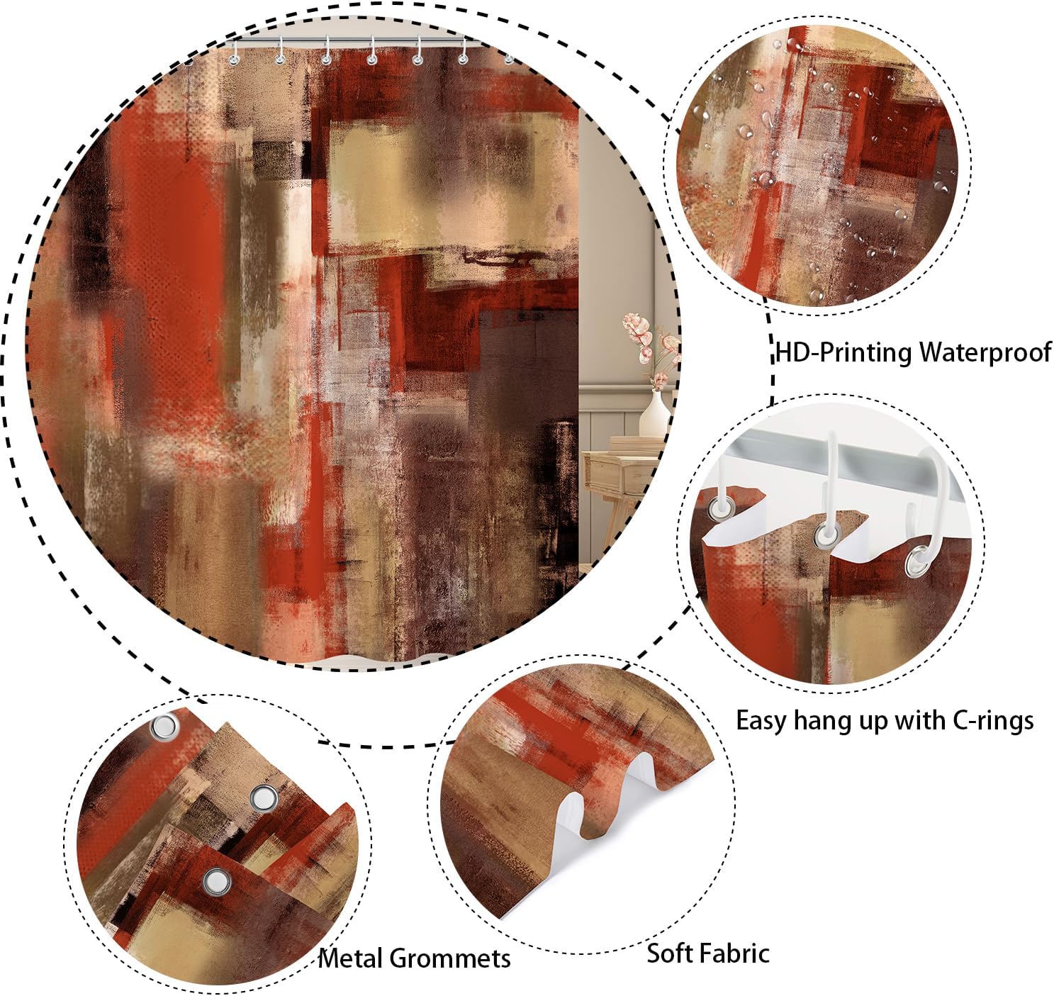Red Brown Orange Abstract Shower Curtain for Bathroom 72x84 Inch, Modern Rust Grey Art Oil Painting Design Bath Curtain for Bathroom Decor Set with 12 Hooks