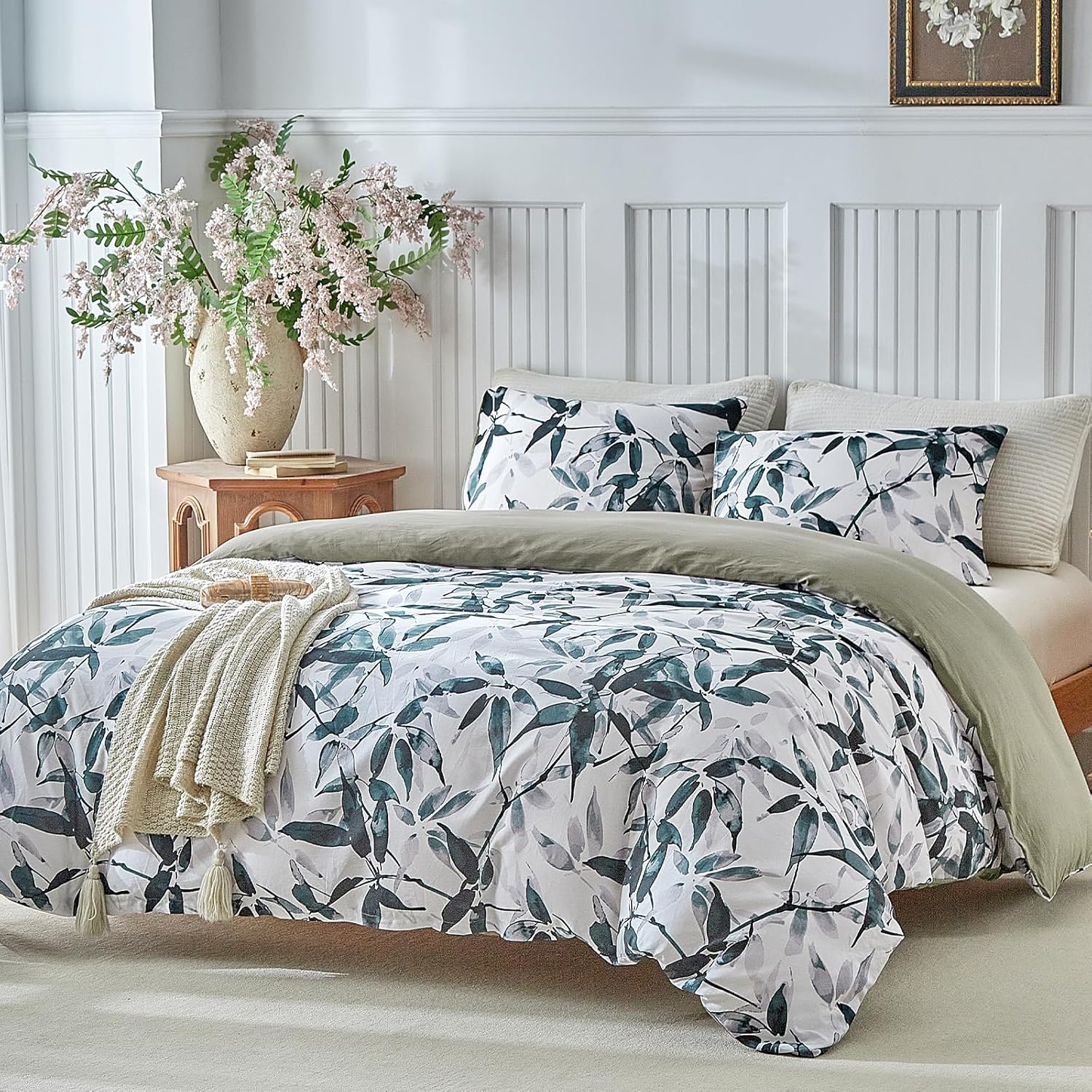 Lekesky Cotton Duvet Cover King Size - 100% Cotton Reversible Leaves Duvet Cover Set with Zipper & 8 Corner Ties, 3 Pieces Soft & Breathable Blue Bedding Set King Comforter Cover (King, 104"x90")