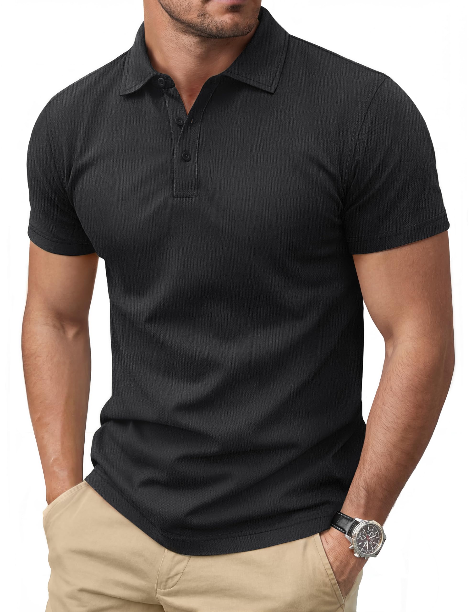 Cotrasen Mens Polo Shirts Short Sleeve Soft Cotton Pique T-Shirts 3 Buttons Classic Fit Casual Performance Golf Shirts