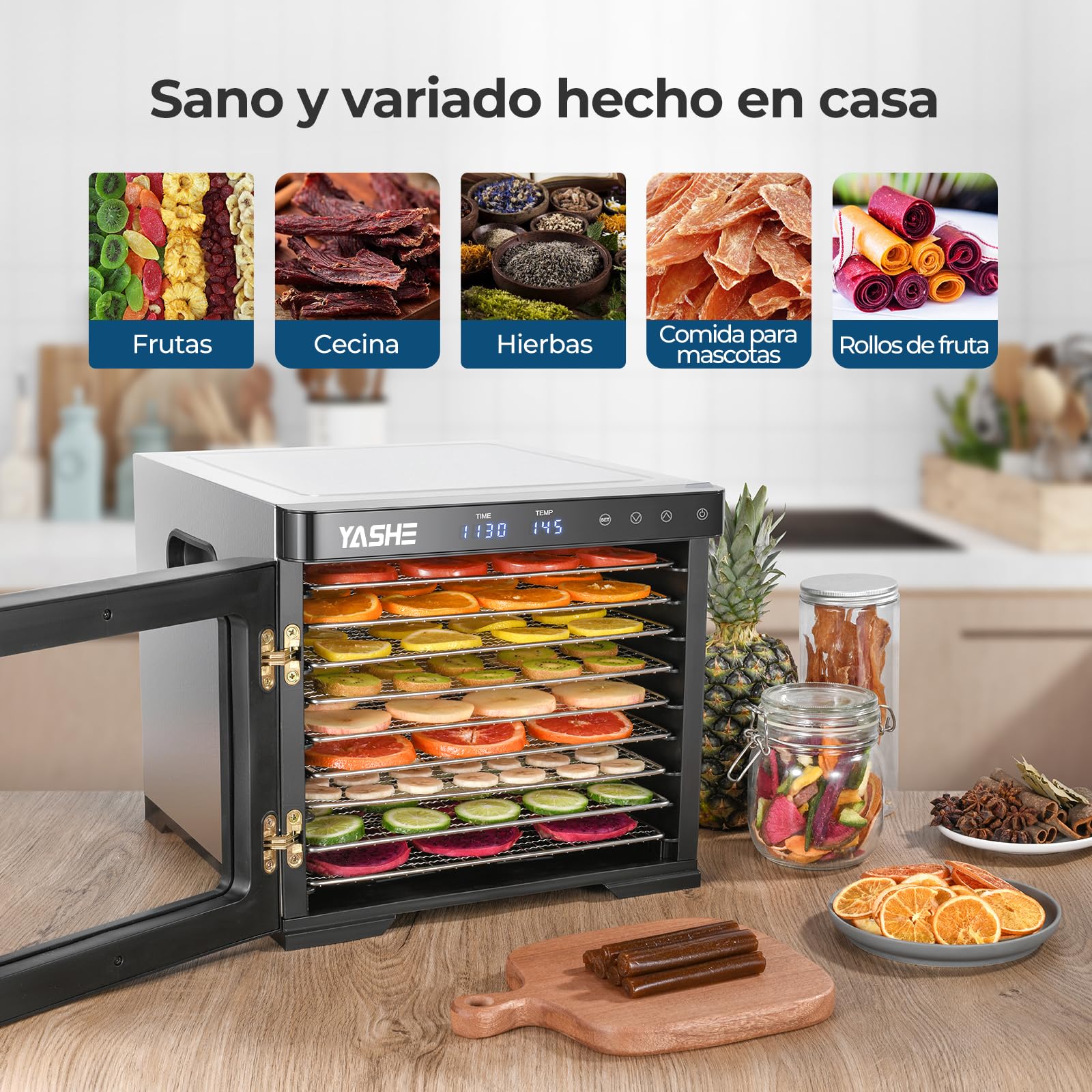 Desidratador de Alimentos de Acero Inoxidable, Control de Temperatura (35-75°C), Temporizador de 48 Horas, 9 Bandejas de Acero Inoxidable, 2 Tamices de Malla, 1 Bandeja para Rollos de Frutas, 1000W