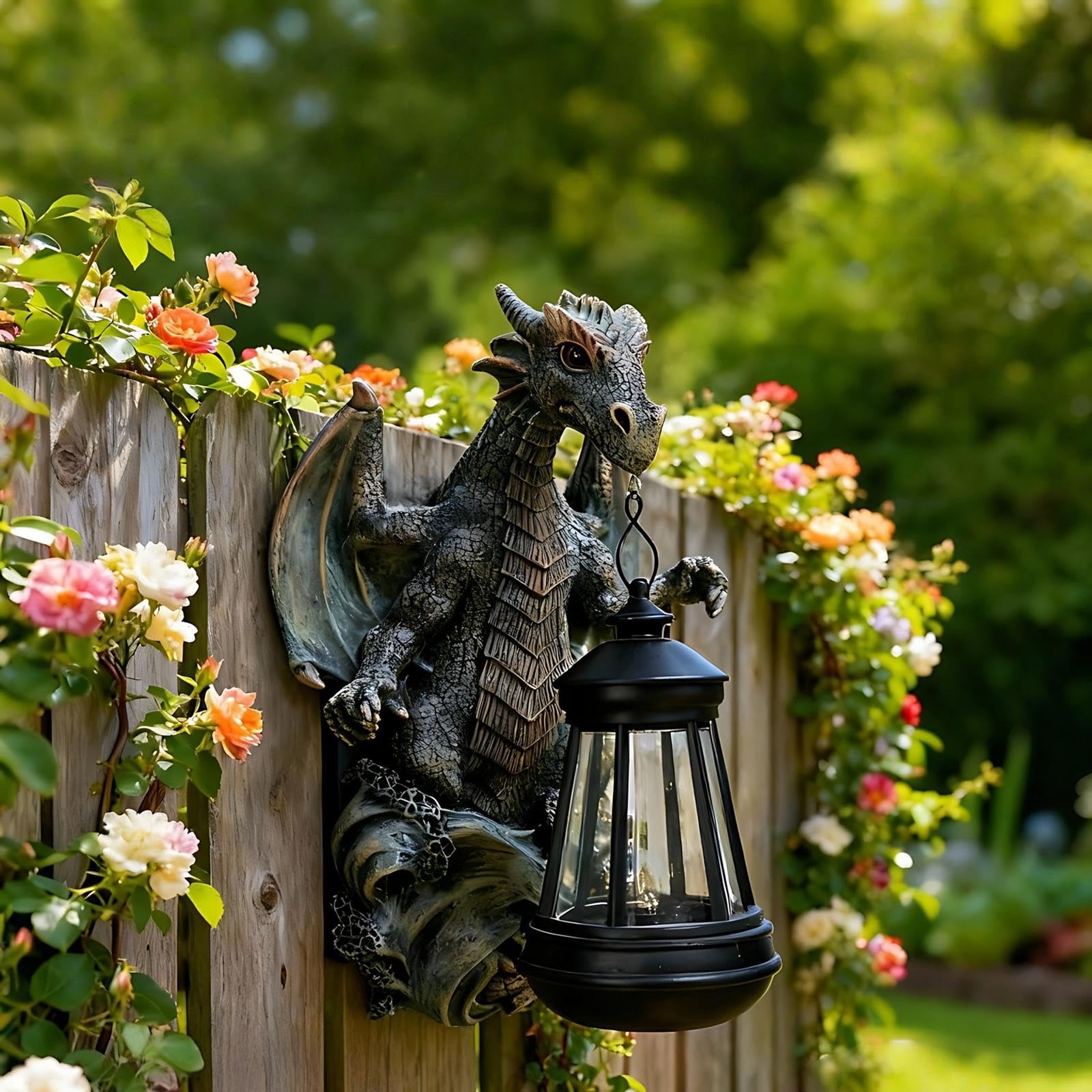 perfk Estatua de dragón de jardín con luz Solar, Adorno Decorativo para jardín, Regalo, Figura de dragón montada en la Pared, luz para Patio Exterior