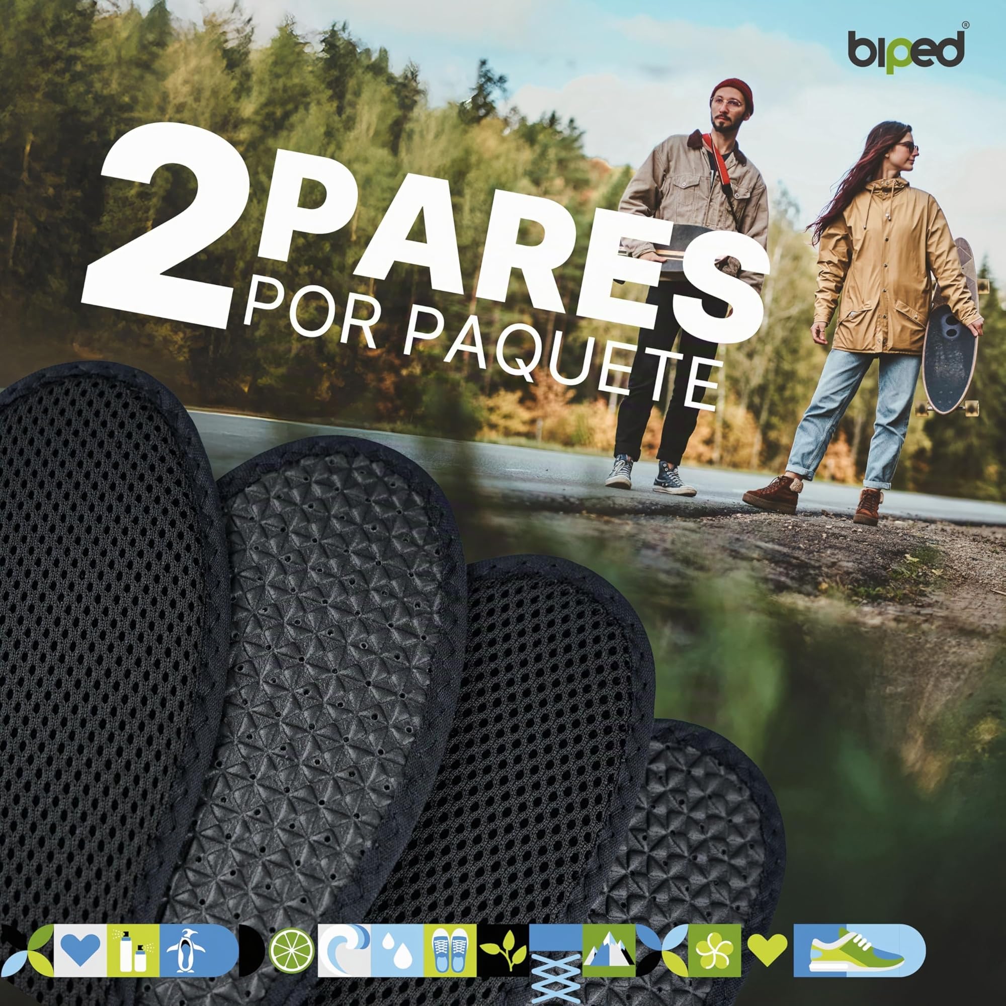 Biped 2 Pares Plantillas de Carbón Activo Frescura Higiénica Lavables Contra el Sudor