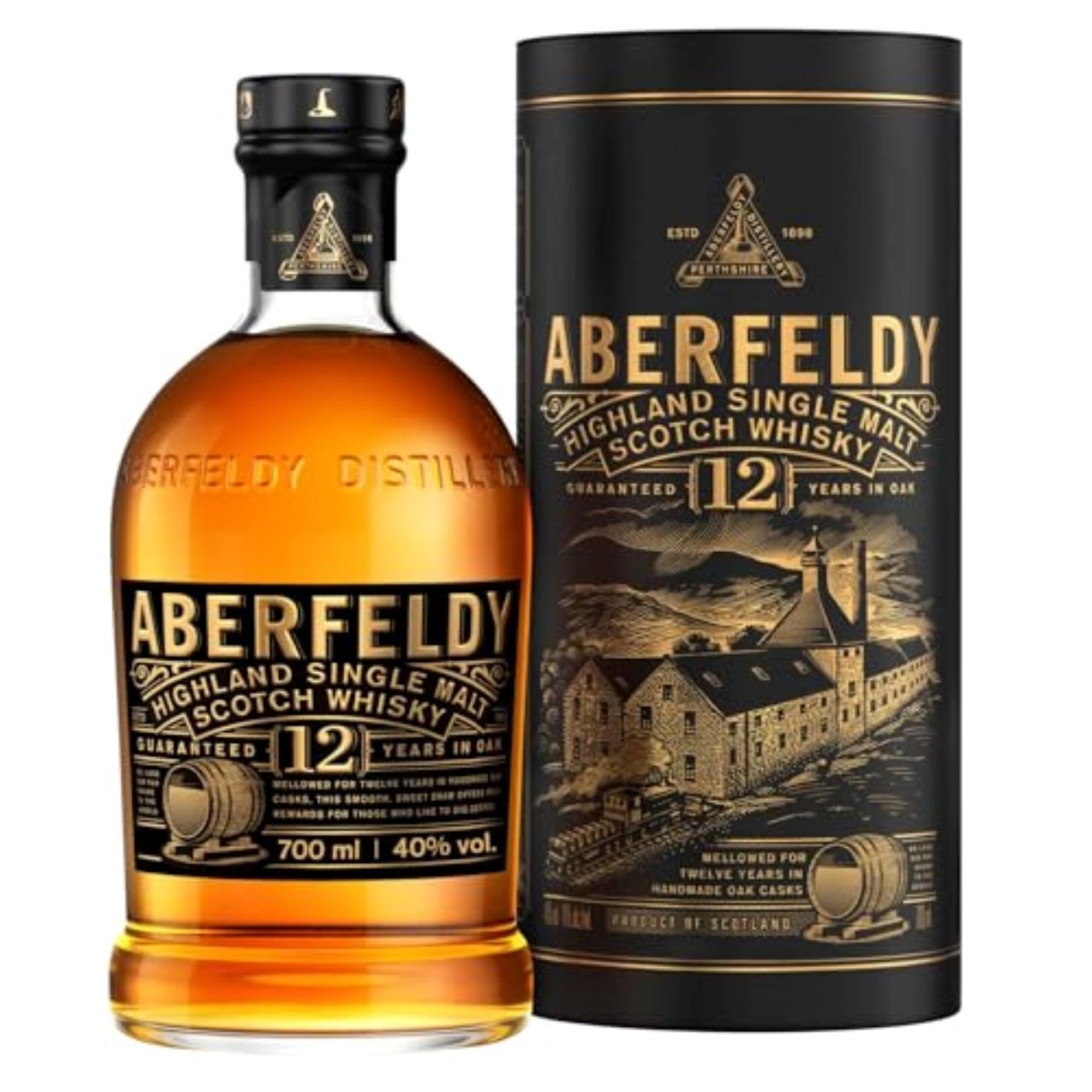 Aberfeldy 12 Jahre alter Highland Scotch Single Malt Whisky, 40% Vol., 700 ml, in edler Geschenkbox, im Eichenfass gereift, Noten von Honig, Früchten, Gewürzen, Vanille & ein Hauch Rauch, 70 cl
