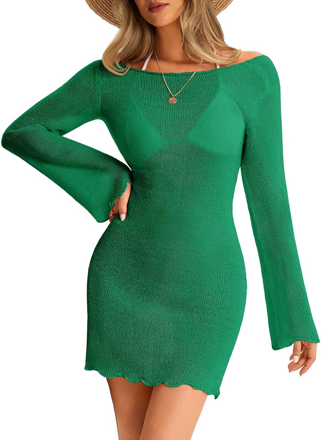 Saodimallsu Womens Swimsuit Cover Up Long Sleeve Sheer Mesh Knit Mini Dress Backless Tie Summer Beach Vacation Outfits