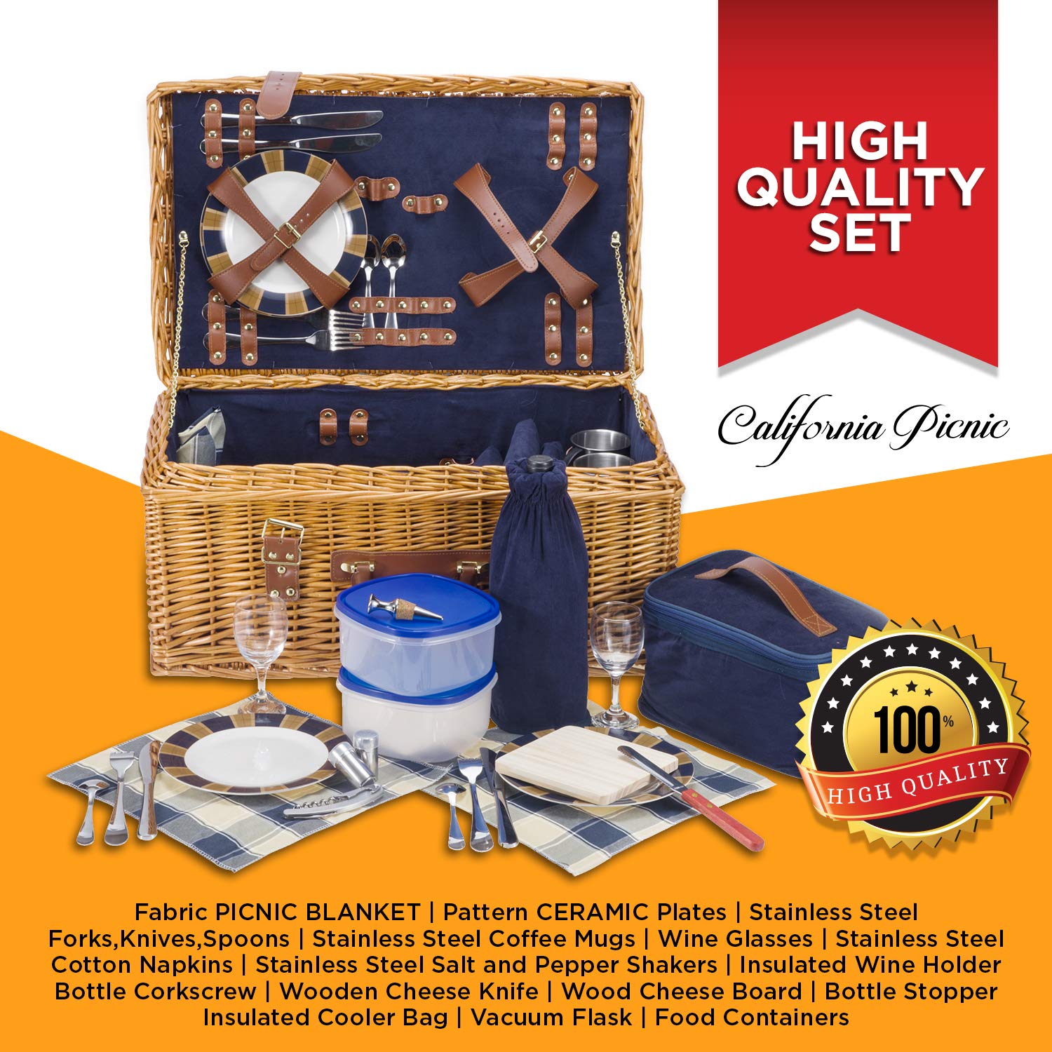 Picnic Basket Set Deluxe Marshall Collection 4 Person Coffee