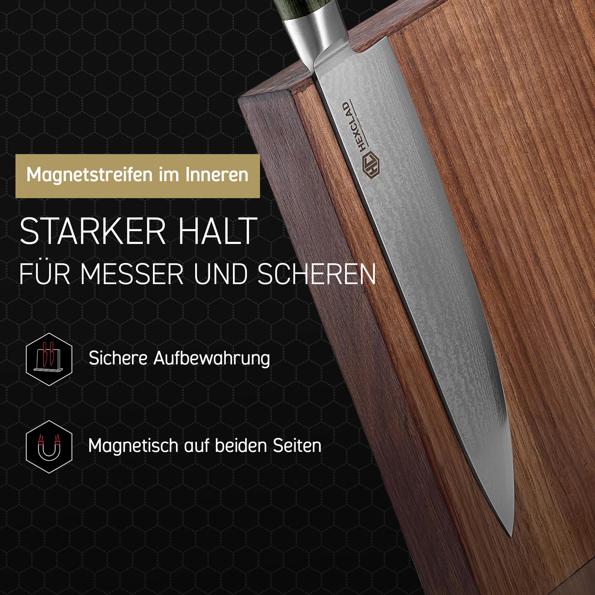 HexClad Magnet-Messerblock 22,4 x 22,5 cm – aus Walnussholz