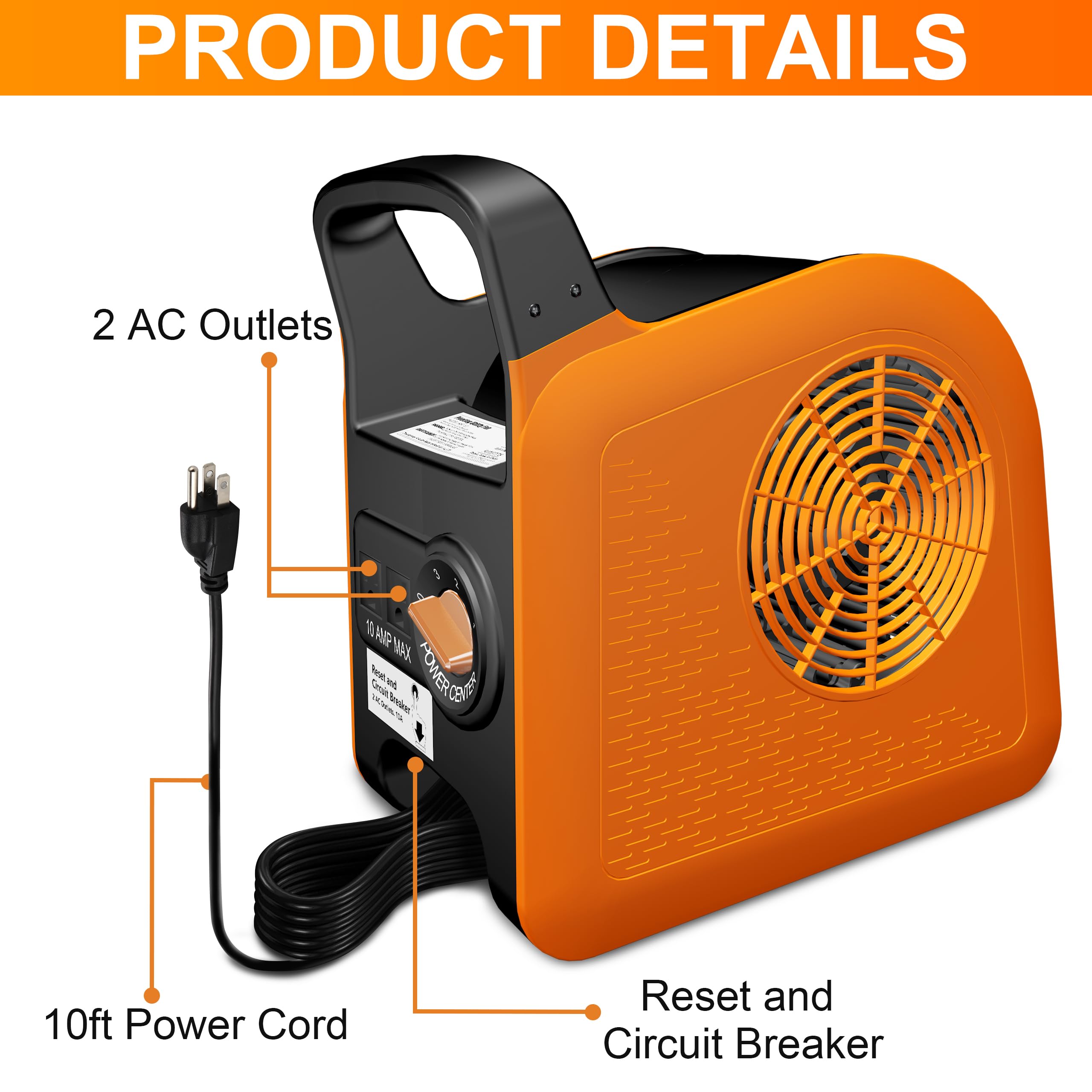 Air Mover Blower Fan for Drying Cooling and Ventilating, High Velocity Fan for Home Garage Workshop and Job Site Use, Portable Floor Fan with 185° Rotation, 3 Speeds, 2 AC Outlets, Orange