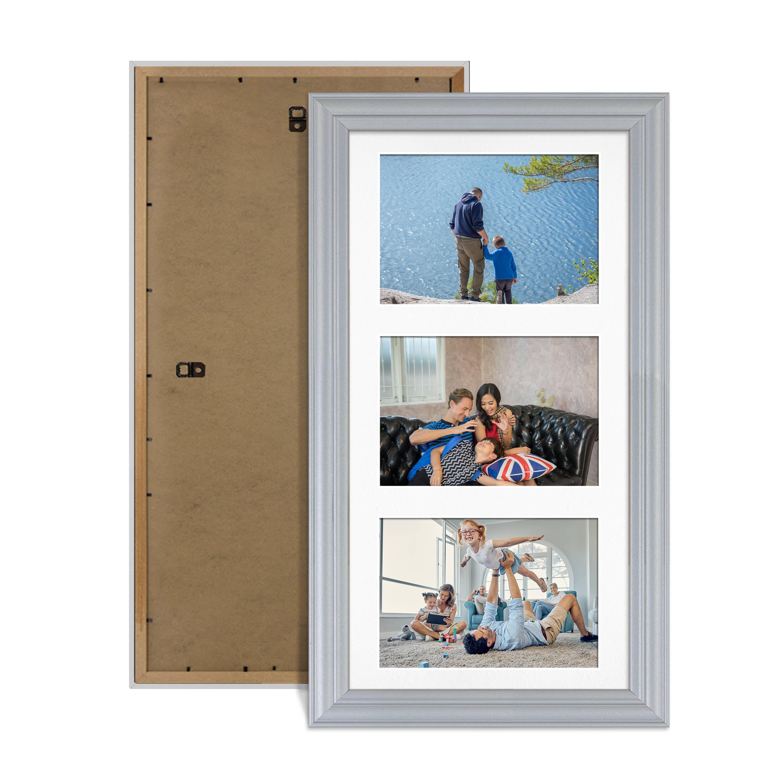 Alison Kingsgate Silver 40x20cm Photo frames for multiple pictures - 3 Apertures Collage Frame with White Mount - Holds (3x) 6x4 Photos - Engineered Wood & Perspex