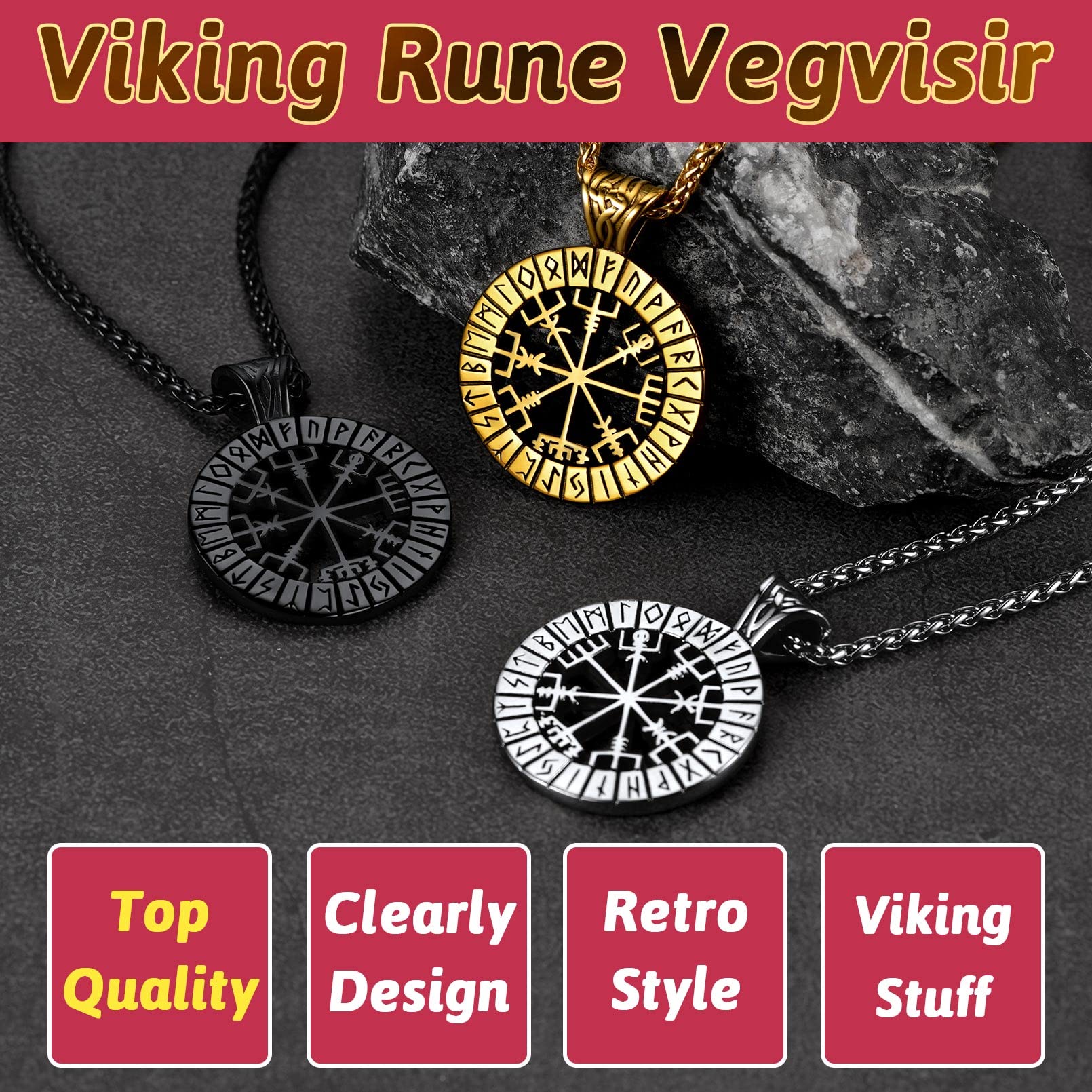 FaithHeart Bussola Vichinga Collana Runica Ciondolo Traforato Misteriose Rune Vichinghe Collana Uomo Acciaio Rune Cultura Vichinga in Argento Nero Oro Regalo