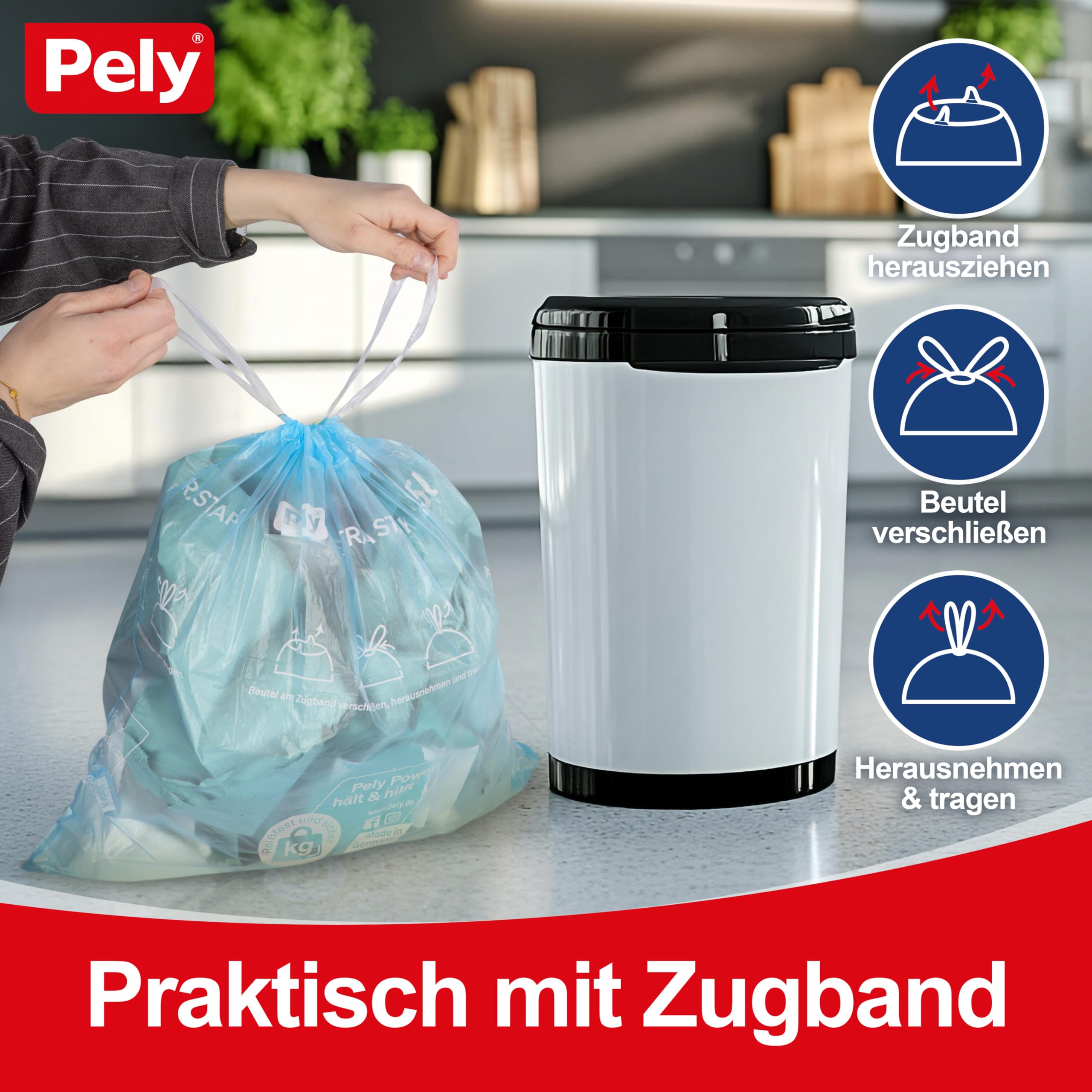 Pely Bolsas de basura de 60 litros (60 litros extra ancha), paquete de 17 x 11 unidades en cartón, para la eliminación de residuos residuales