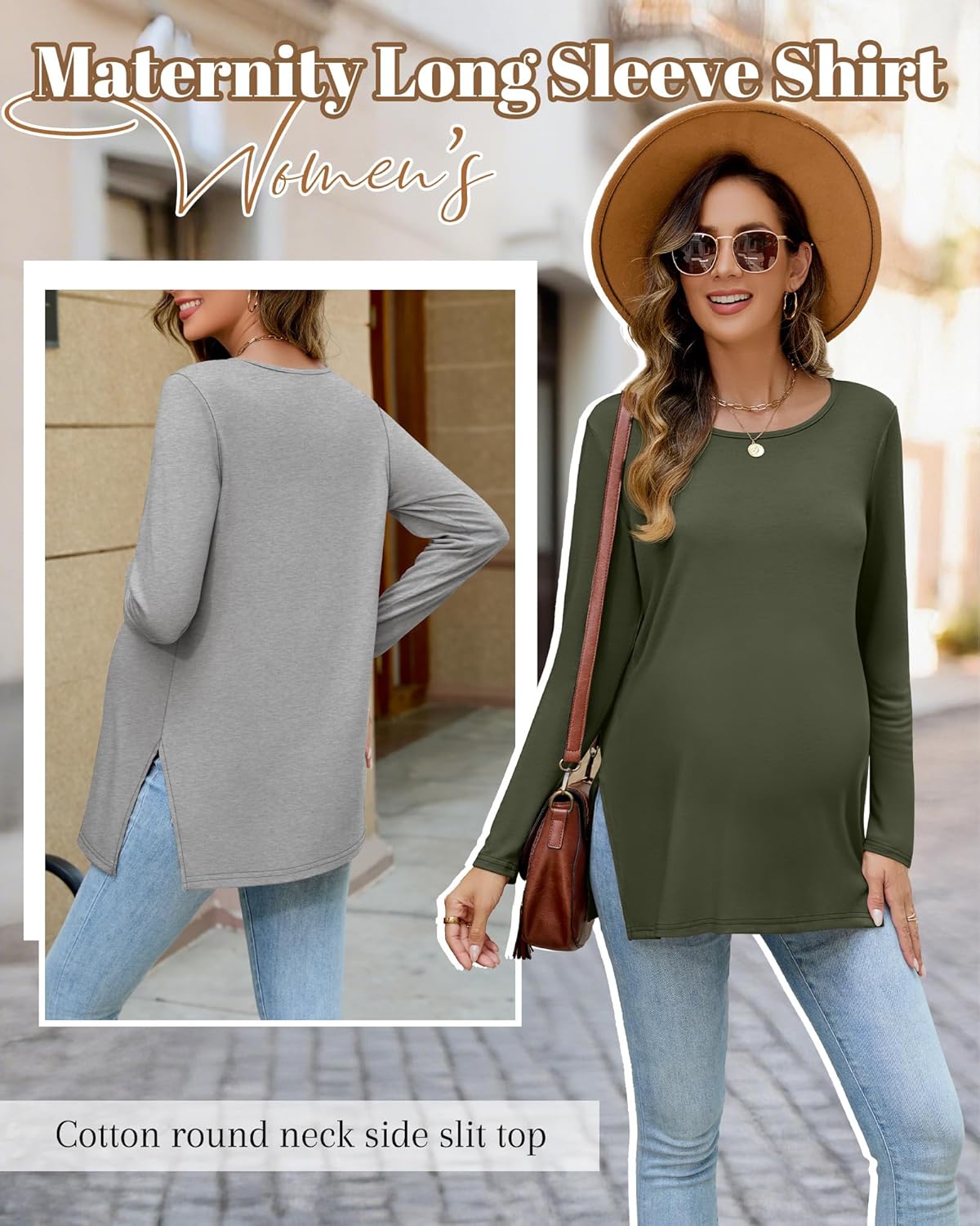 Riyiper 3 Pack Women's Maternity Long Sleeve T-Shirts Round Neck Side Split Tops Loose Casual Pregnancy Mama Clothes Fall - Image 5