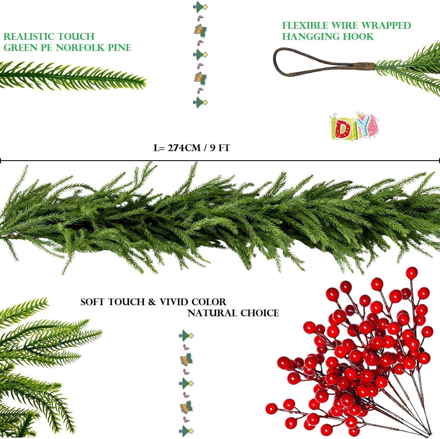 9FT/2.7M Christmas Garlands Norfolk Pine Garland Real Touch Artificial Faux Greenery Winter Pine Garland for Table, Mantle, Wall Home Fireplace Decor/Holiday Indoor Outdoor Xmas Decorations - Image 4