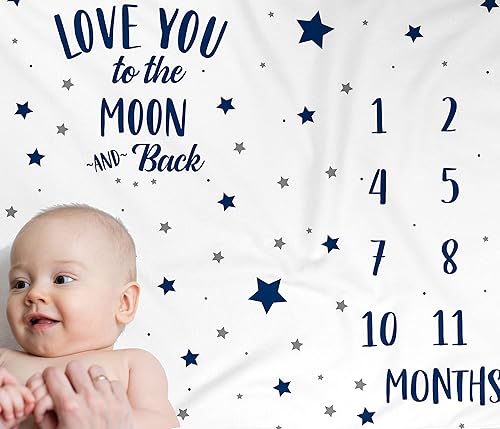 Miniatura 3 de Estrellas - Manta mensual para bebé, diseño de fondo de fotografía para recién nacido, diseño de estrellas azul marino, con texto en inglés "I Love